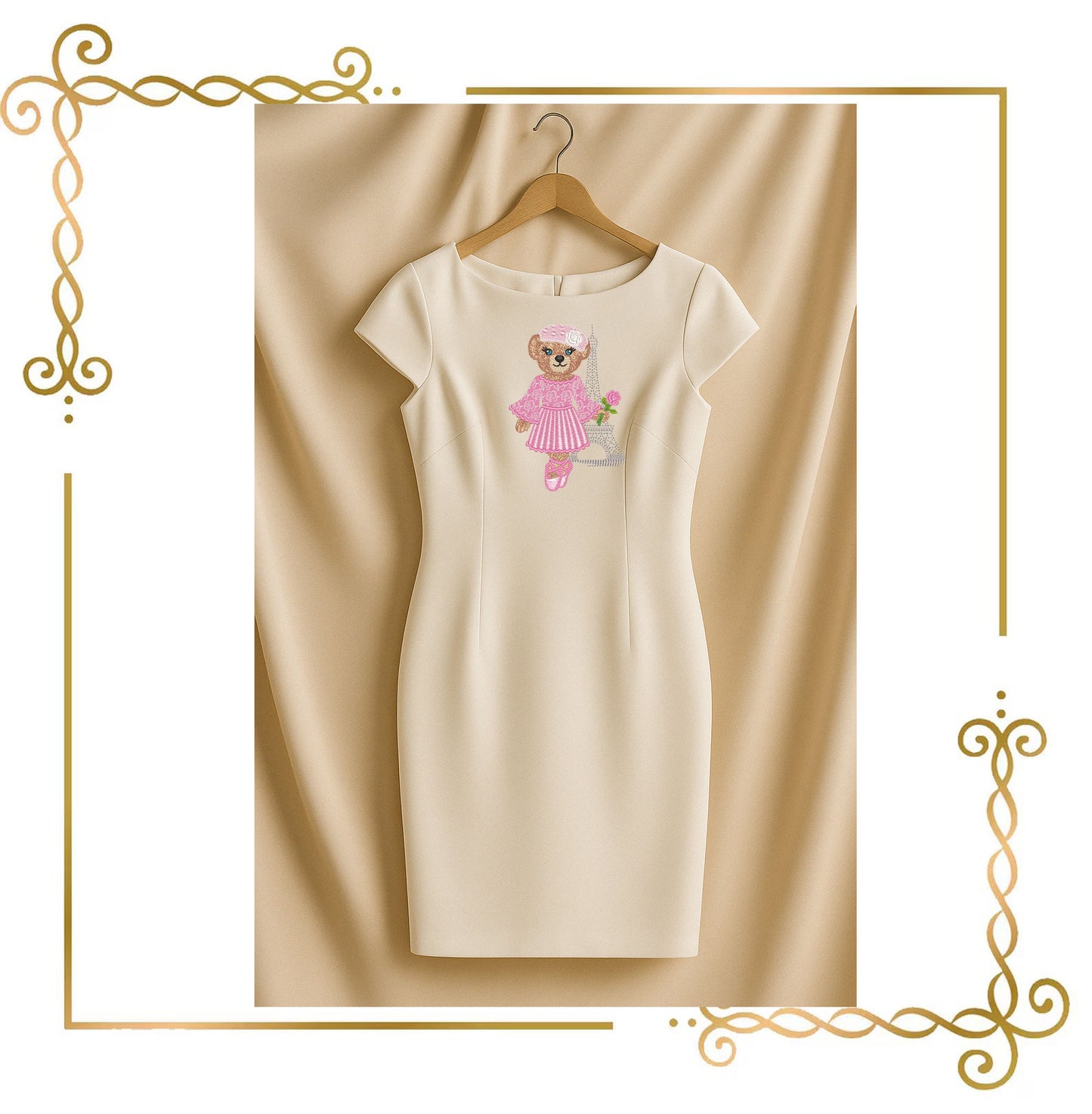 Embroidery Design – Paris Ballerina Bear with Rose | BearKarfiol™ Vintage Teddy | Eiffel Tower Machine Embroidery File