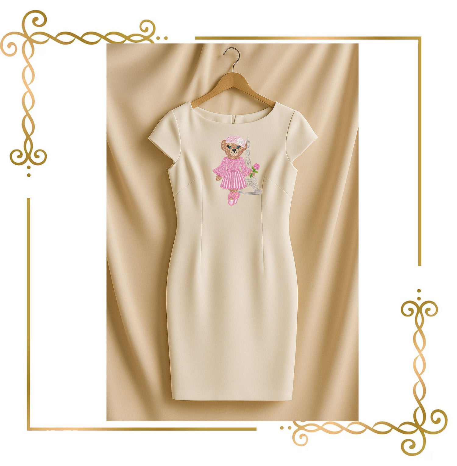 Embroidery Design – Paris Ballerina Bear with Rose | BearKarfiol™ Vintage Teddy | Eiffel Tower Machine Embroidery File