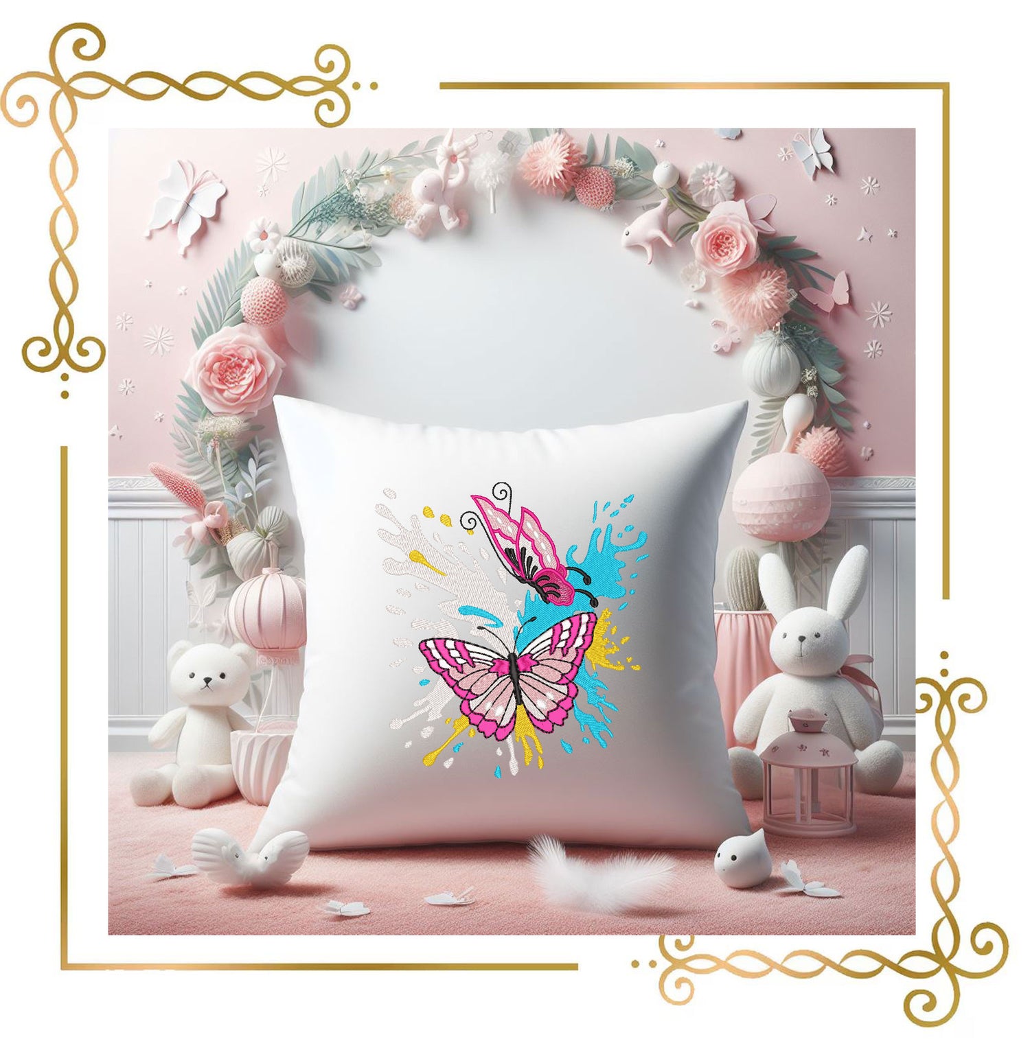 Magnificent Butterflies on Colorful Paint Splashes – Embroidery Design Instant Download