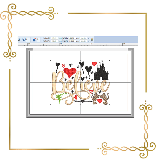 Valentine's day Minnie and Mickey Mouse Believe love heart castle digital machine embroidery design