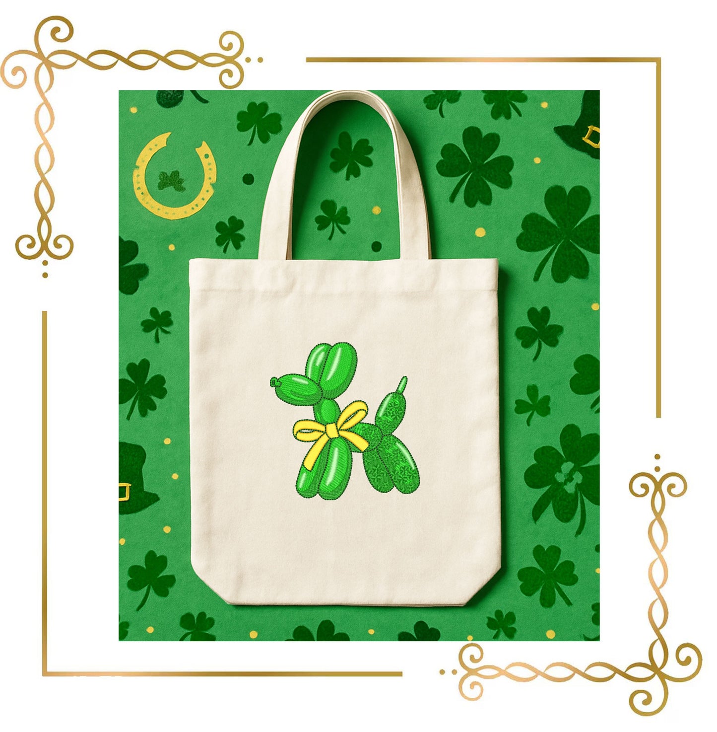 Green Balloon Dog with Yellow Bow, Lucky Charm–Embroidery Design – Lucky Charm Style, Perfect for St. Patrick’s Day