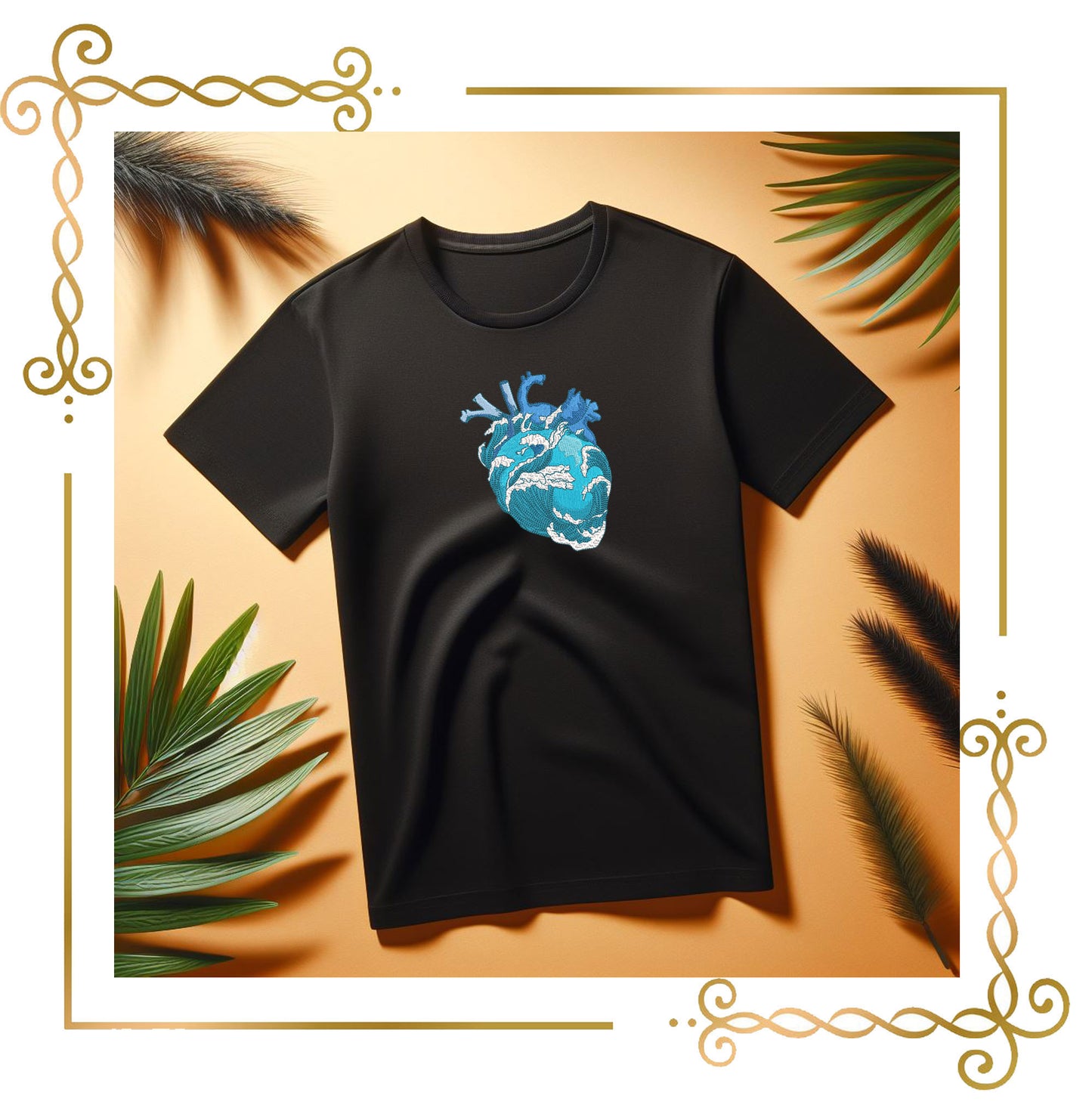 For T-shirt Anatomical heart and ocean waves – Machine Embroidery Design 2 Sizes