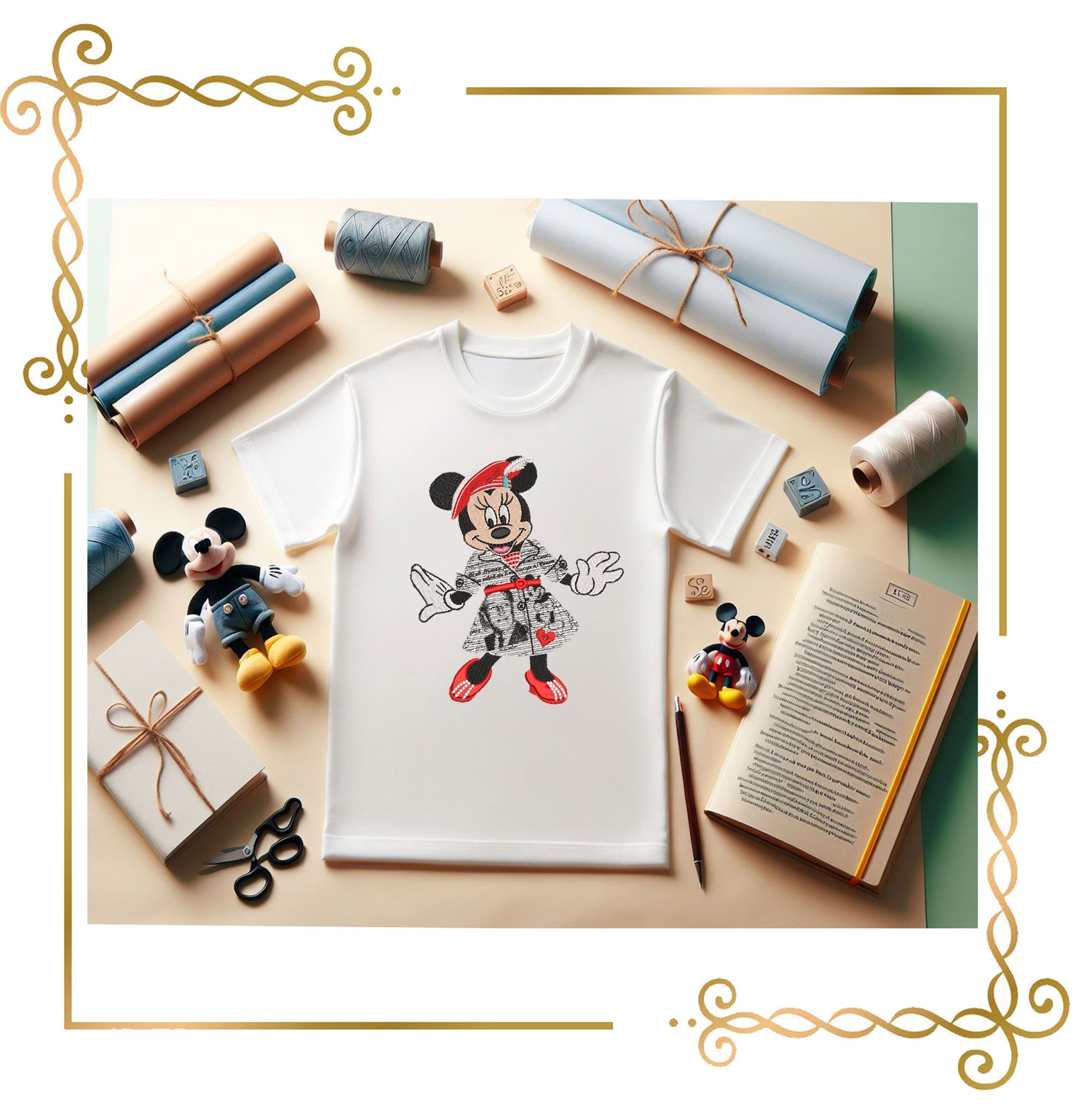 Minnie Mouse in beret and dress newspaper, poet digital embroidery design