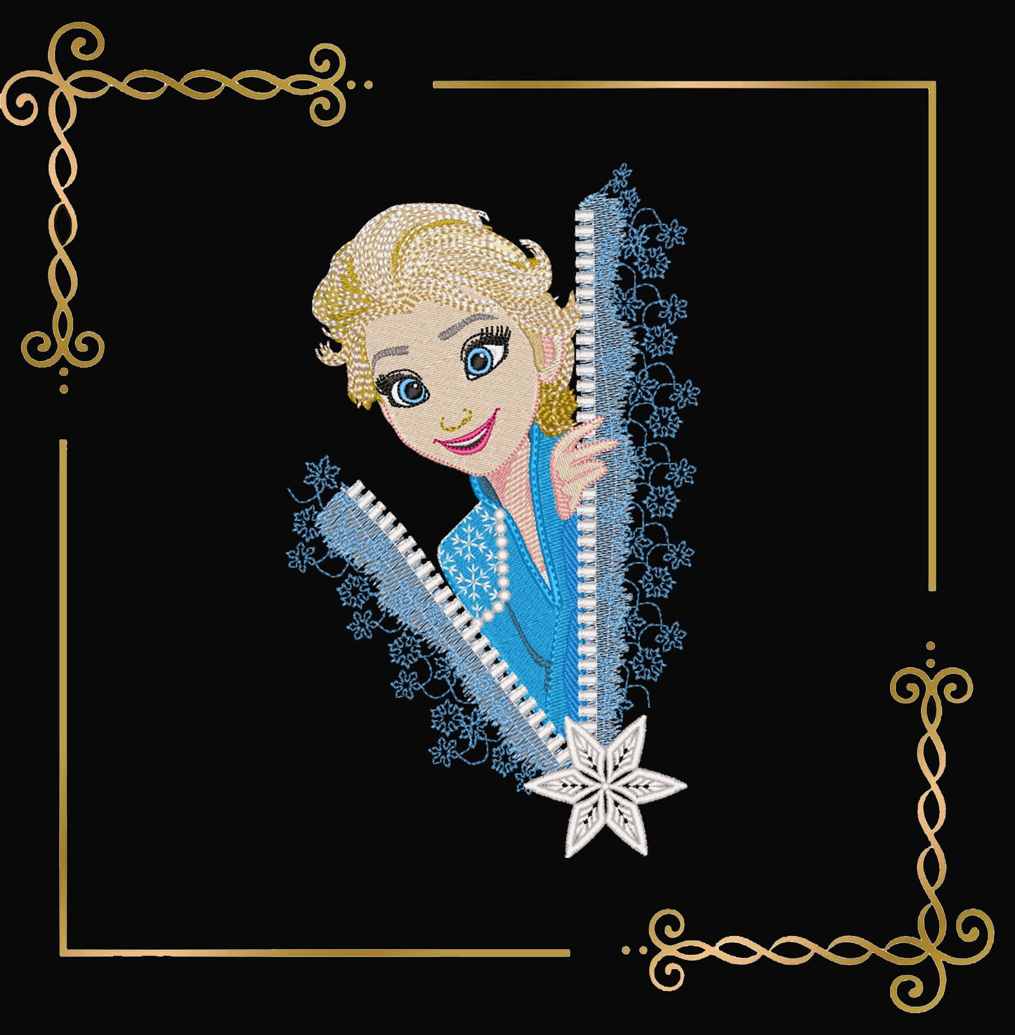 Embroidery Design Ice Queen Elsa Zipper Peek  –  Winter,  Snow Princess and Snowflakes  Frozen