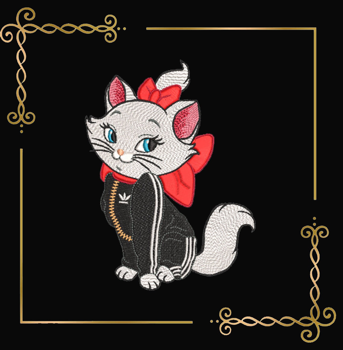 Marie the White Kitten - Super Fashion - cartoon character - Kitty in an Adidas tracksuit- embroidery design digital