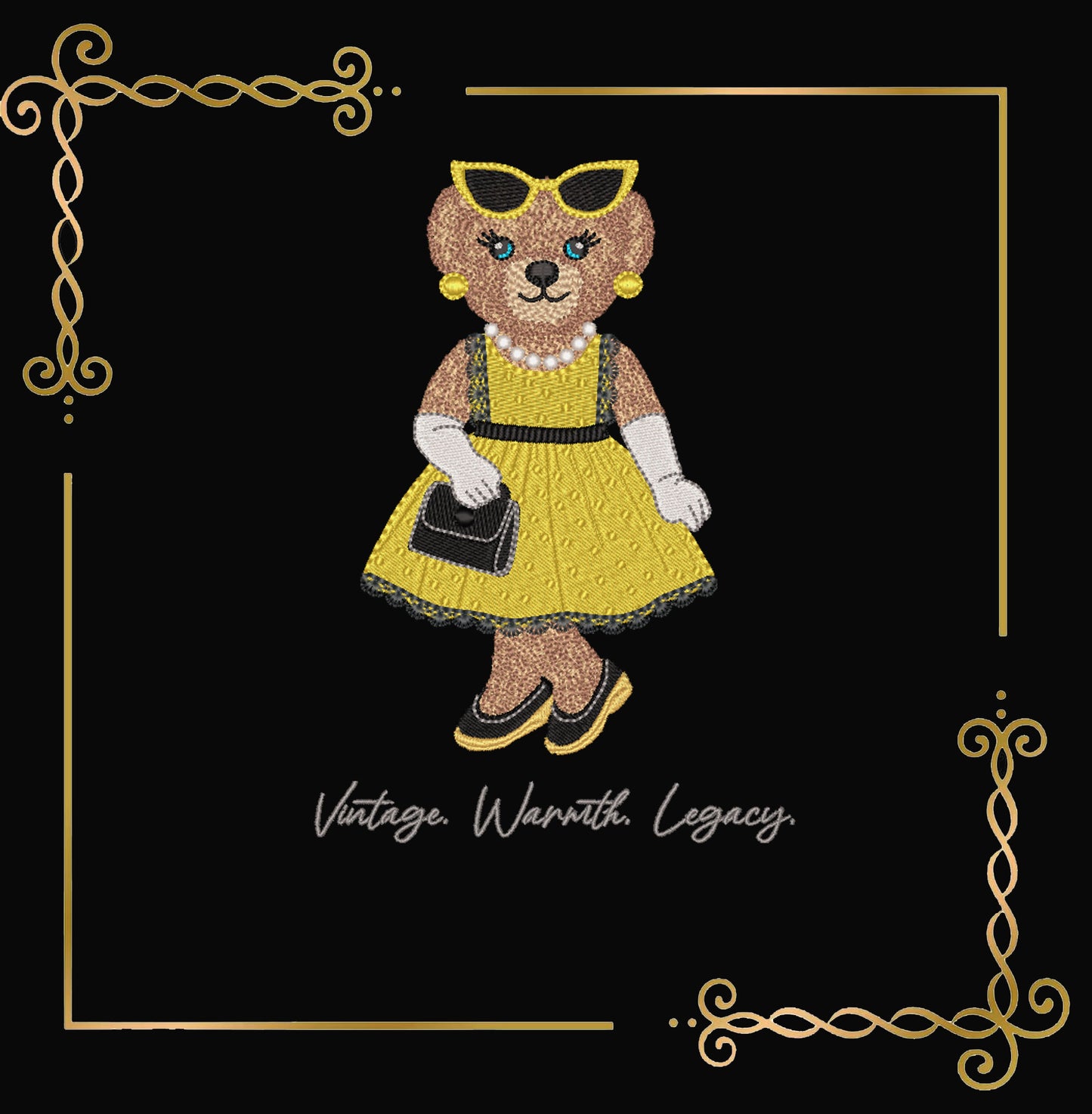Teddy Bear - Embroidery Design – Girl in Gold Dress with Pearls – Vintage Elegant Machine – Cute Retro Bear Pattern style of Ralph Lauren