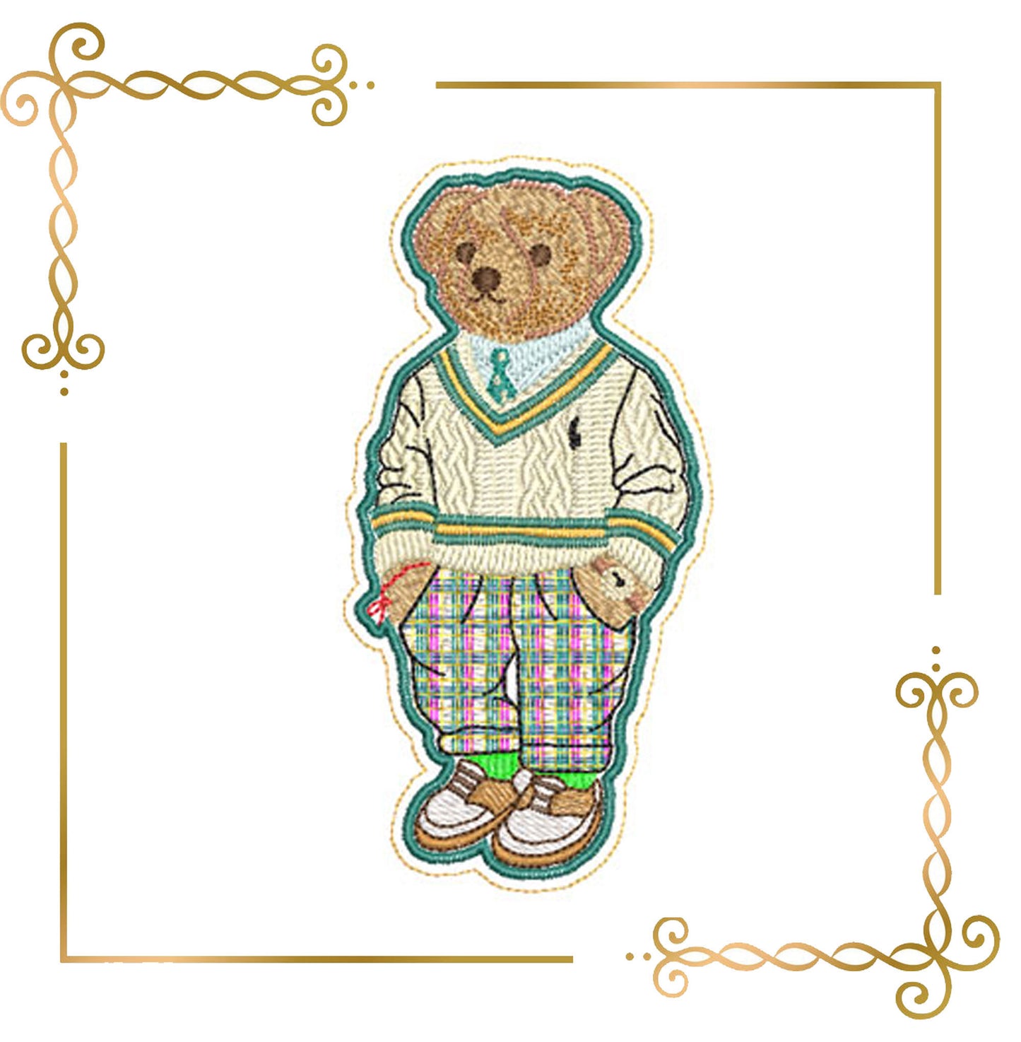 Teddy Bear Super Fashion in a knitted sweater and in plaid pants style of Ralph Lauren embroidery design digital