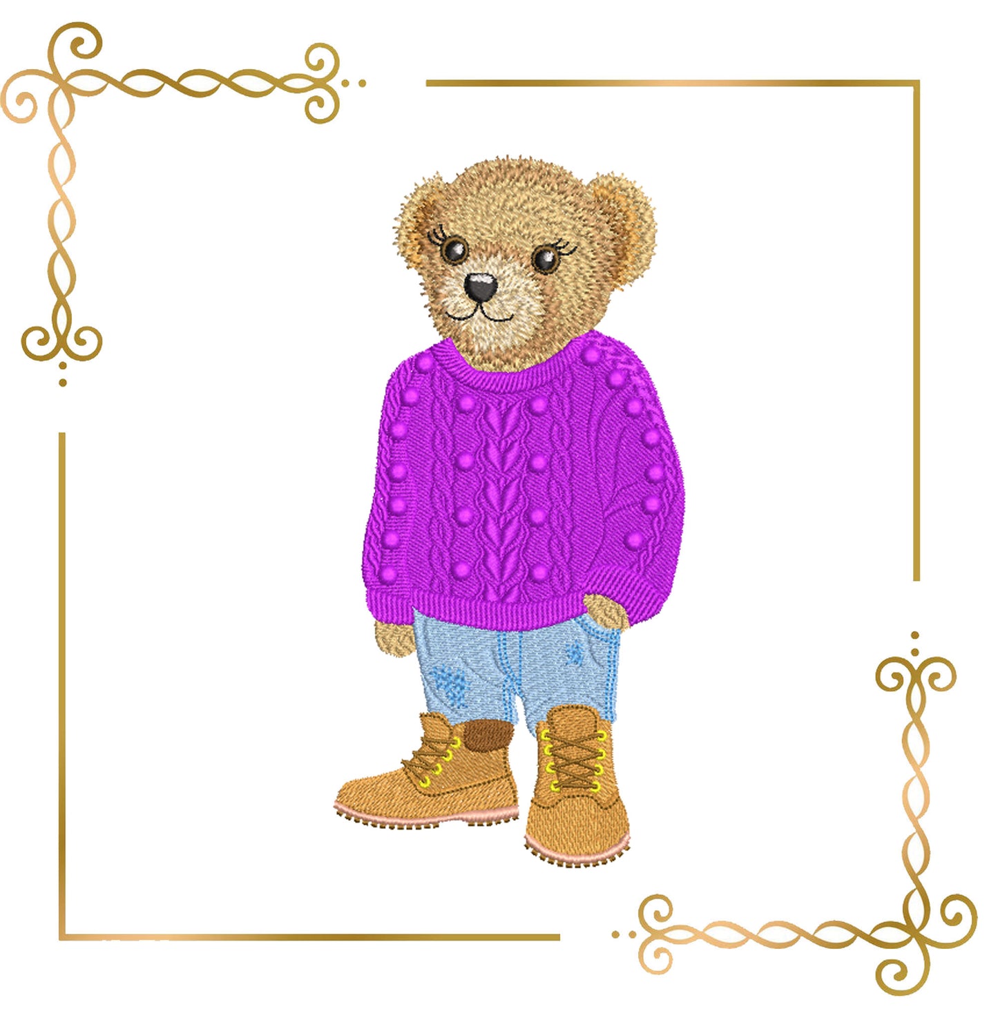 Teddy Bear Super in the style of Fashion Ralph Lauren in a knitted sweater and sneakers embroidery design digital