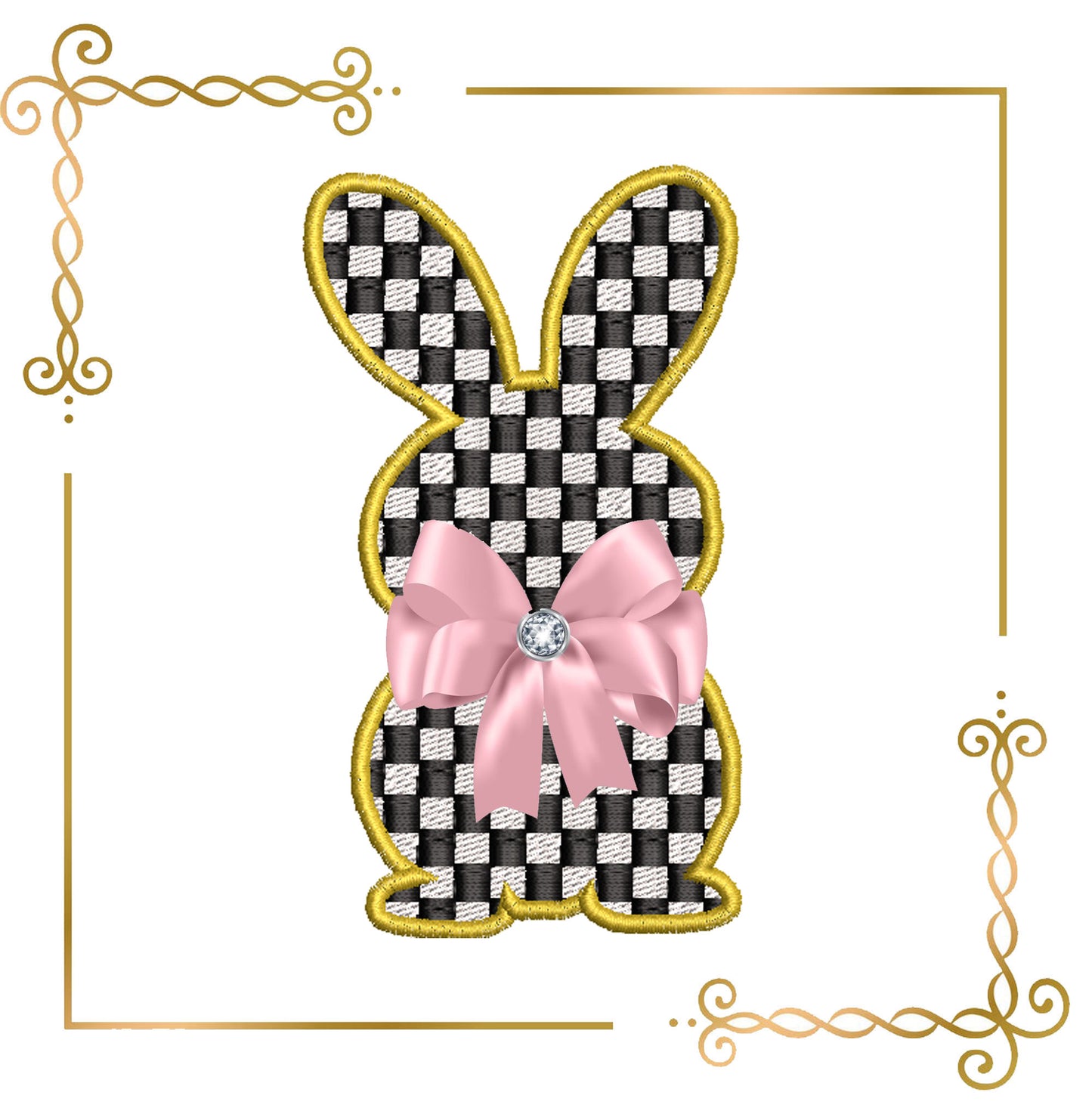 Easter Checkerboard Bunny Appliqué – Elegant Easter Embroidery Design (Bow Not Included)