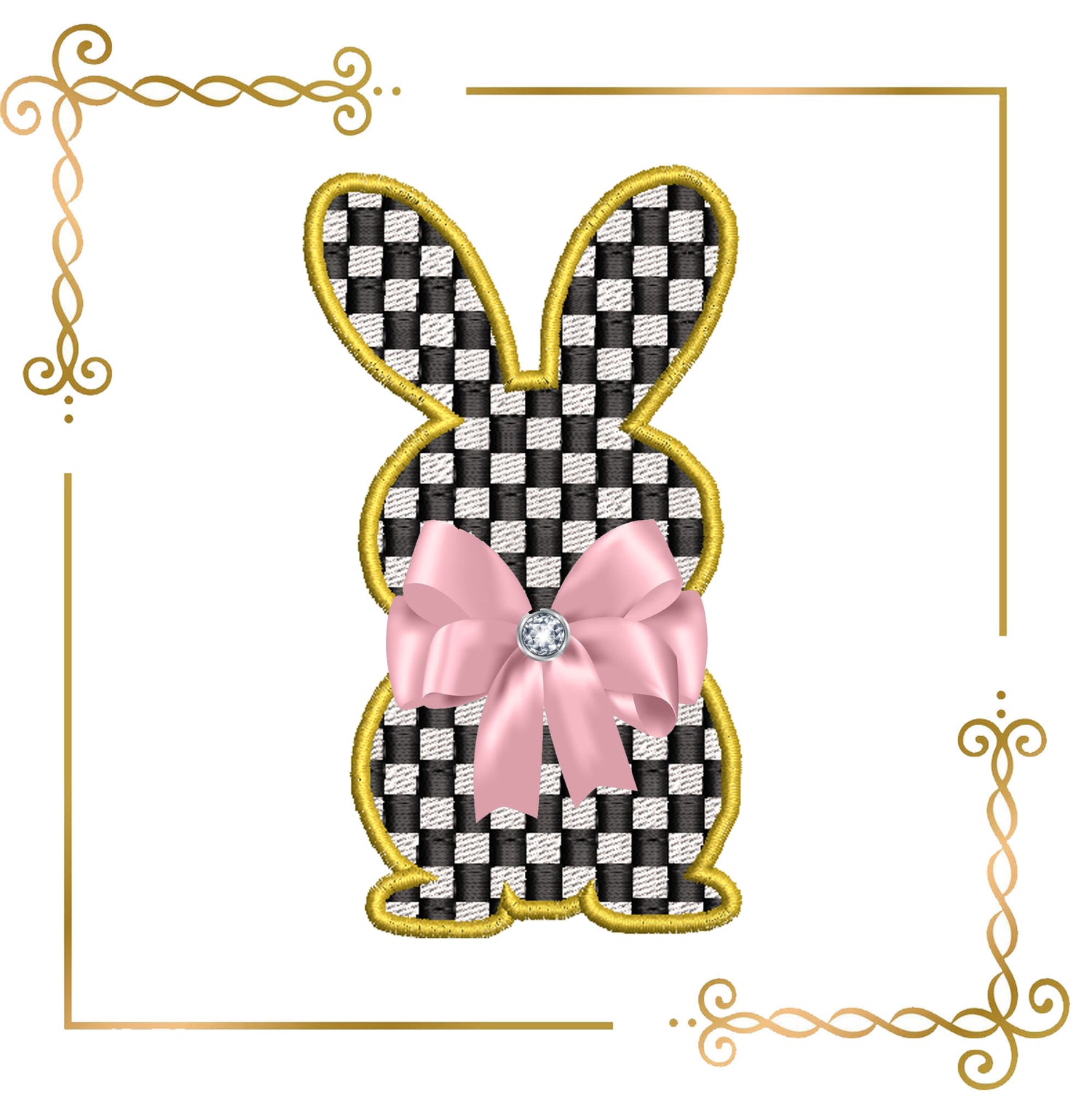 Easter Checkerboard Bunny Appliqué – Elegant Easter Embroidery Design (Bow Not Included)
