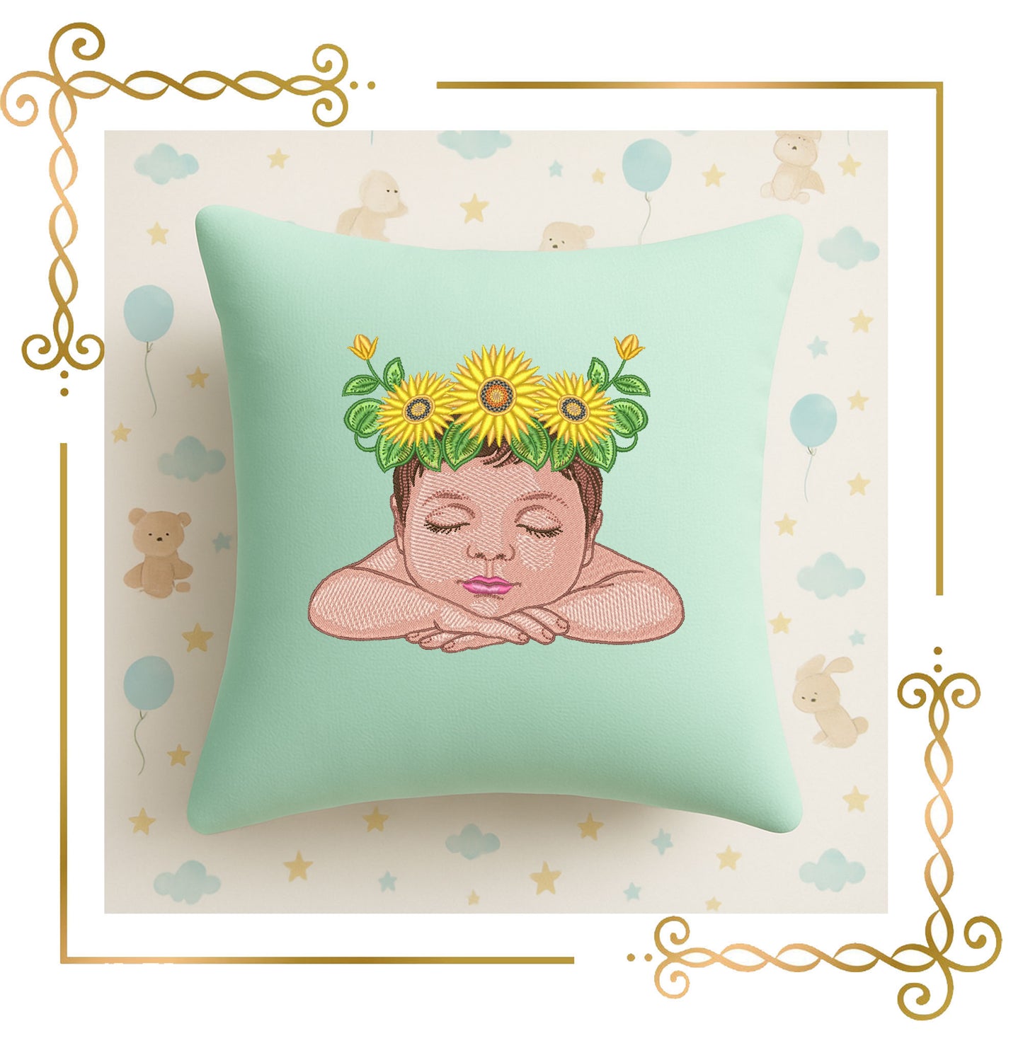 Mother's day, MOM, Baby with Sunflower Crown Embroidery Design – Sleeping Baby Machine Embroidery – Instant Download