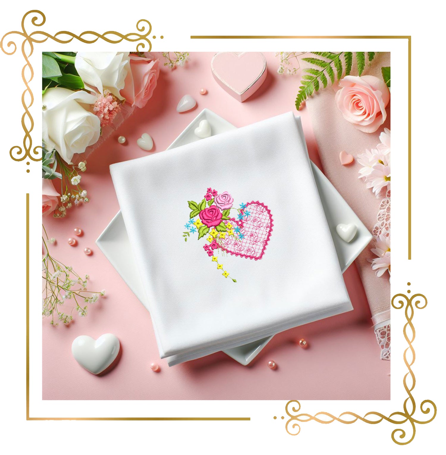 Flowers Floral Heart Embroidery Design with Roses and Lace 1 Size