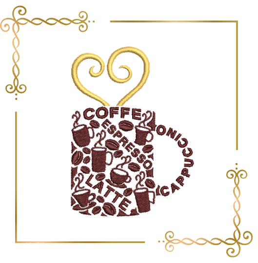 Coffee Cup inscriptions cappuccino espresso heart digital machine embroidery design