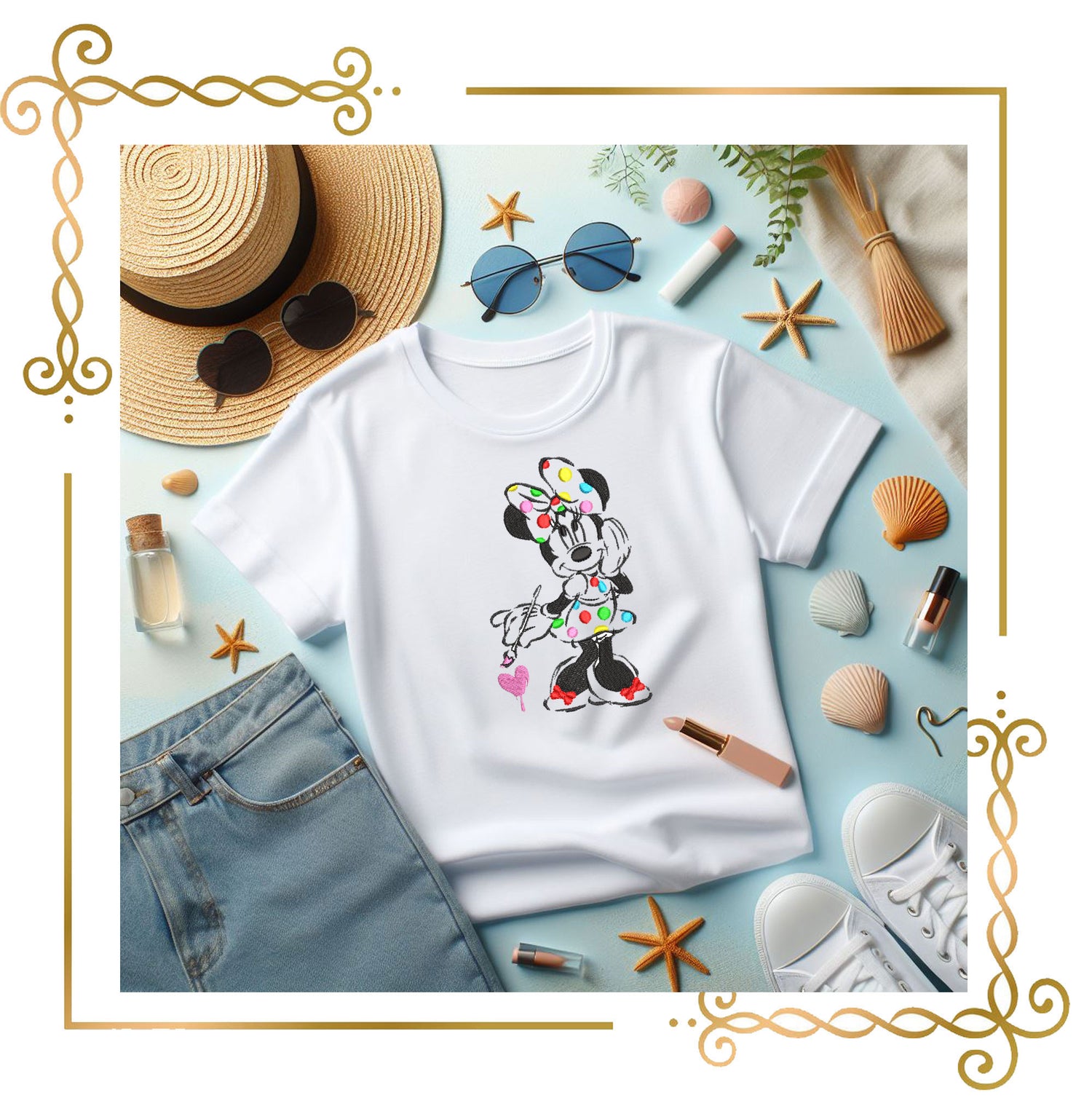 Minnie Mouse  Painting Her Dress, Cartoon Mouse Artist Machine Embroidery File 3 Sizes