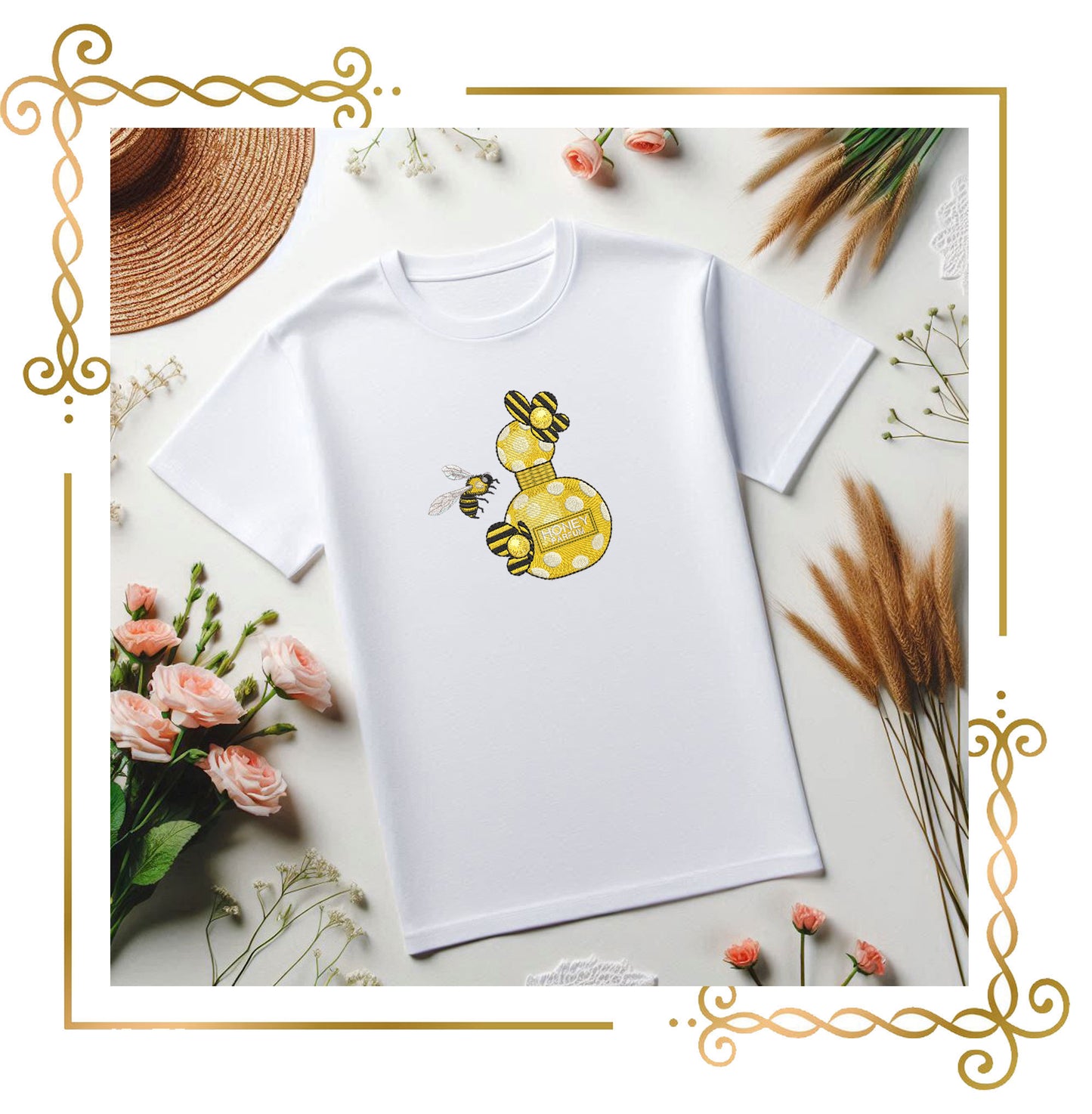 Mother's day, MOM, Perfume bottle Honey Bee – Cute Bee and Yellow Bottle, Embroidery Design