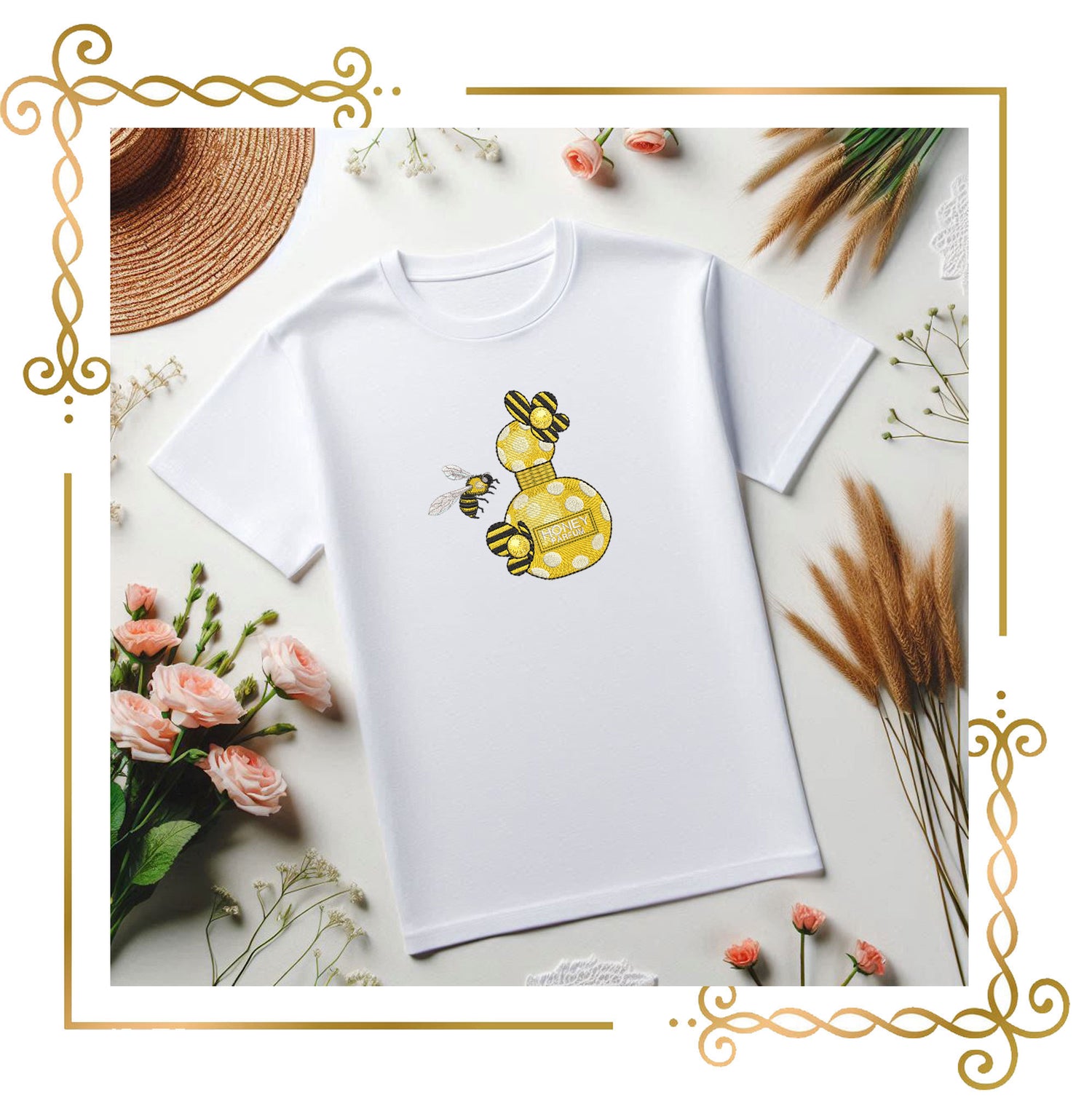 Mother's day, MOM, Perfume bottle Honey Bee – Cute Bee and Yellow Bottle, Embroidery Design