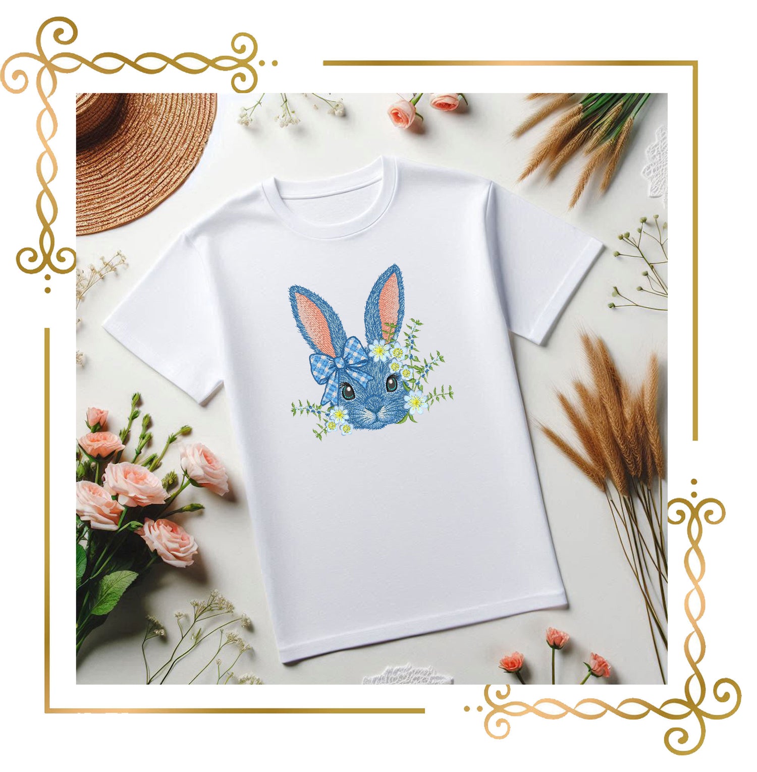 Blue Easter Bunny with Flowers and Bow – Spring Embroidery Design for big Hoops, digital Machine Embroidery designs