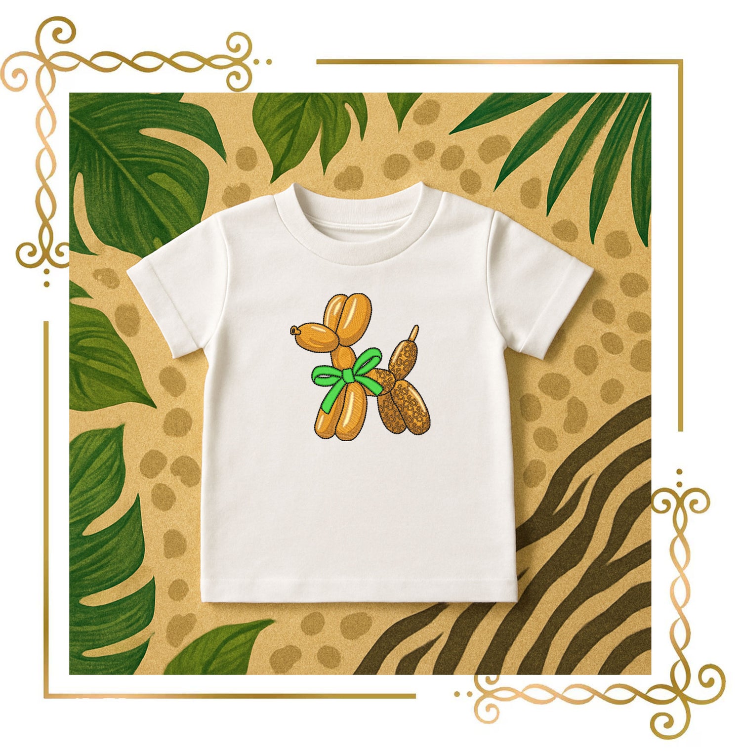 Safari Balloon Dog with Leopard Texture & Green Bow- Embroidery Design