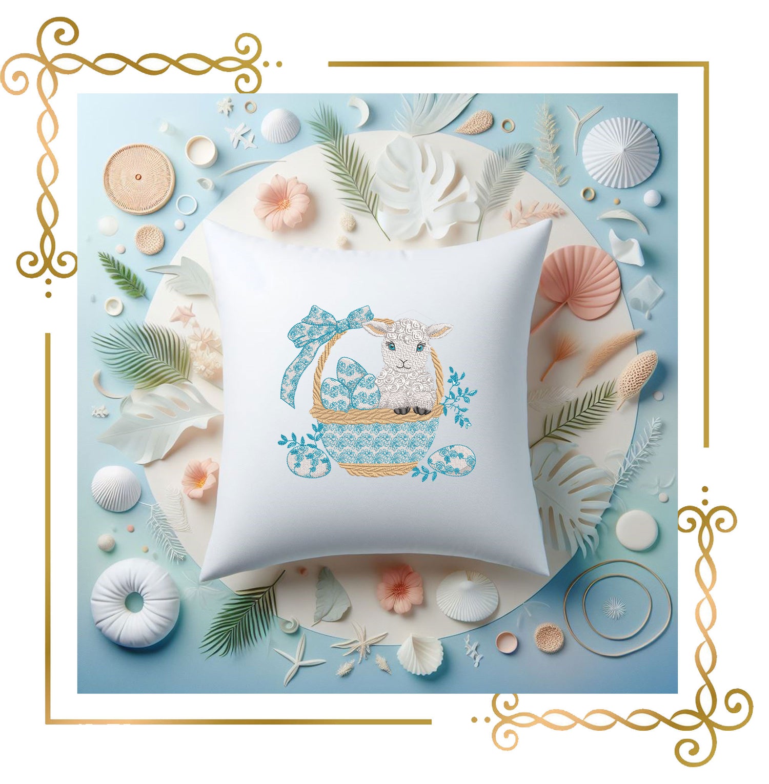 Charming Easter lamb sitting in a woven basket embroidery design to the direct download 2 Sizes
