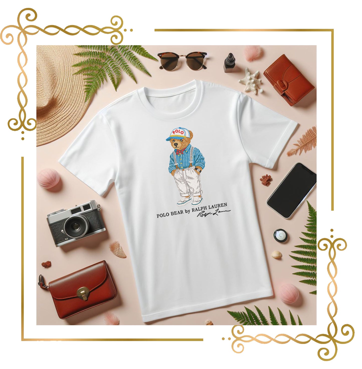 Teddy Bear Vintage Nautical Bear Embroidery Design Polo Style – Retro Teddy in Suspenders & Cap 3 Sizes