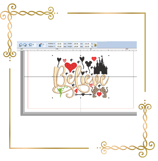 Valentine's day Minnie and Mickey Mouse Believe love heart castle digital machine embroidery design