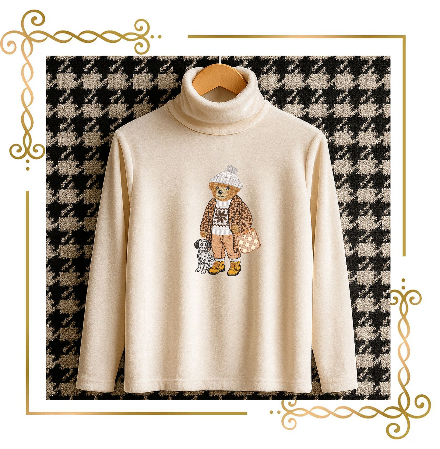 Teddy Bear with Dalmatian Embroidery Design – Cozy Ralph Lauren Style Winter Outfit, Snowflake Sweater