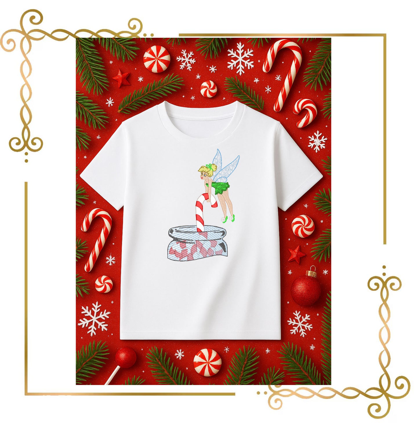 Princess Tinker Bell -Fabulous Fairy - jar with Candy cane - Christmas machine embroidery design