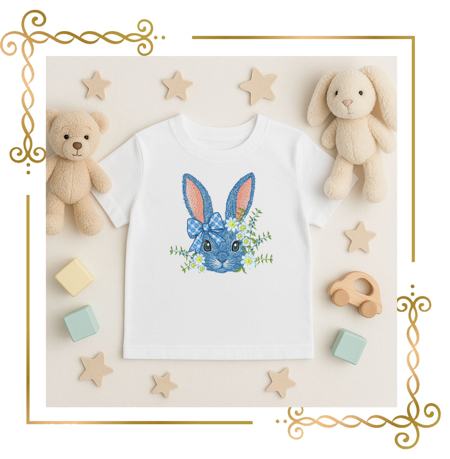 Blue Easter Bunny with Flowers and Bow – Spring Embroidery Design for big Hoops, digital Machine Embroidery designs