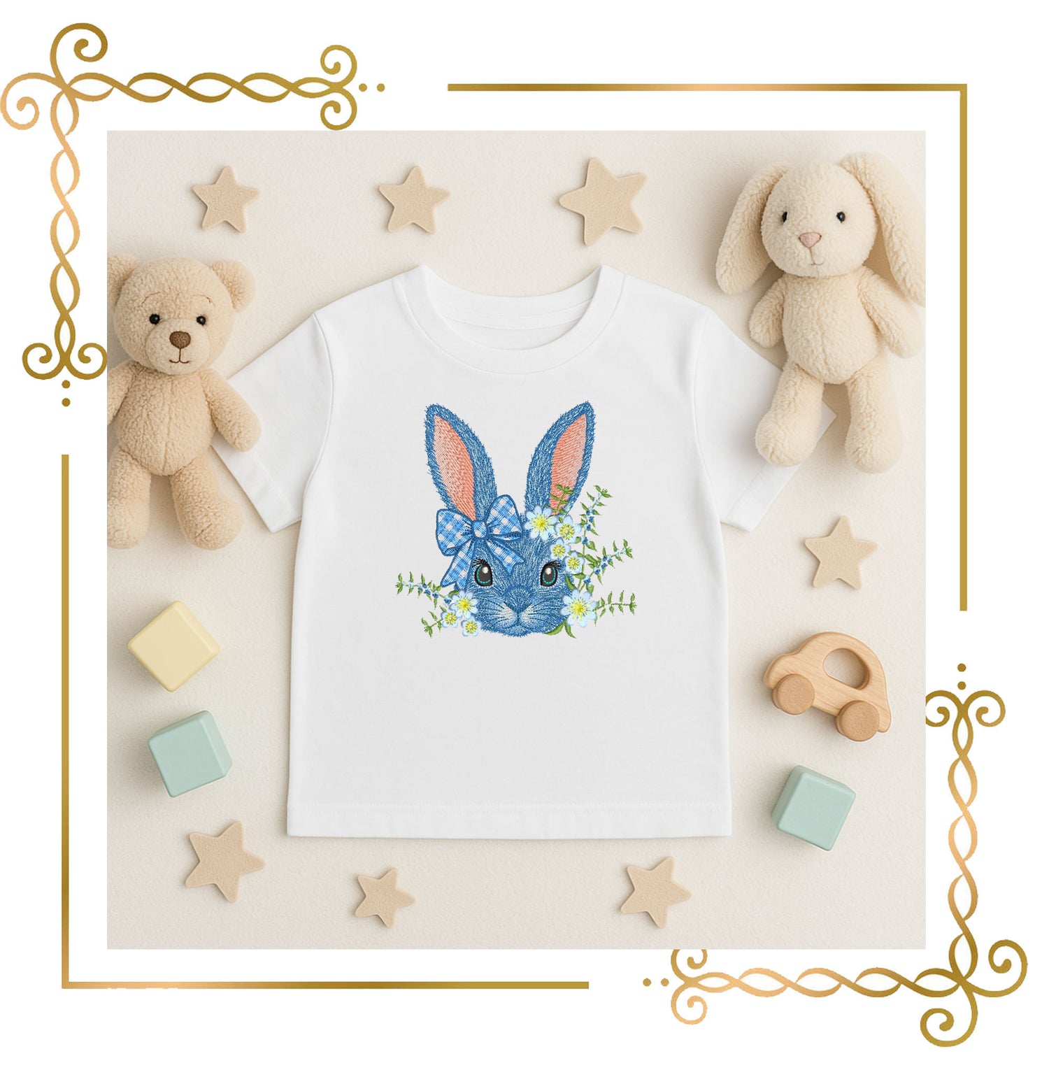 Blue Easter Bunny with Flowers and Bow – Spring Embroidery Design for big Hoops, digital Machine Embroidery designs