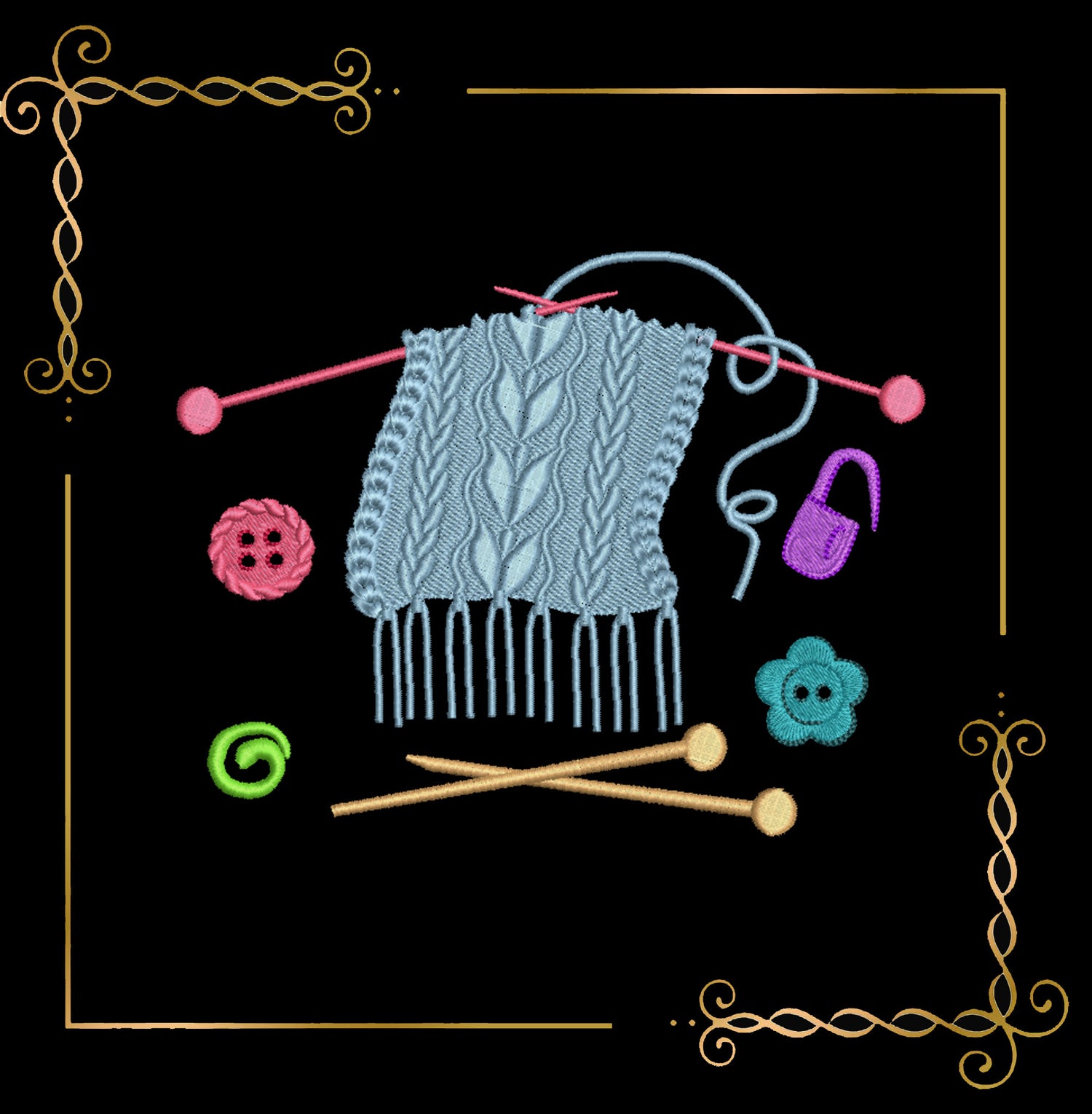 Christmas Knitting Themed Embroidery Design with Decorative Elements 2 sizes