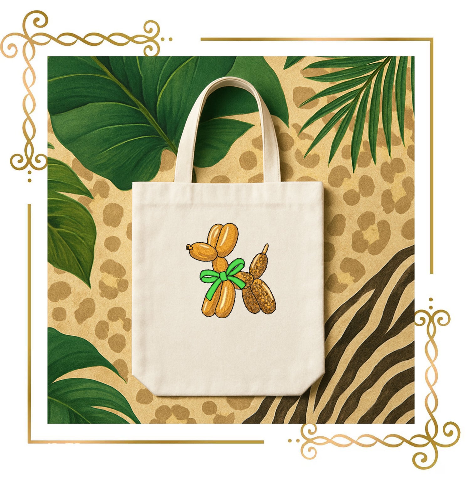 Safari Balloon Dog with Leopard Texture & Green Bow- Embroidery Design
