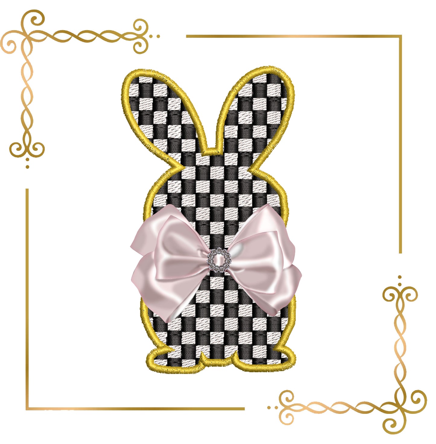 Easter Checkerboard Bunny Appliqué – Elegant Easter Embroidery Design (Bow Not Included)