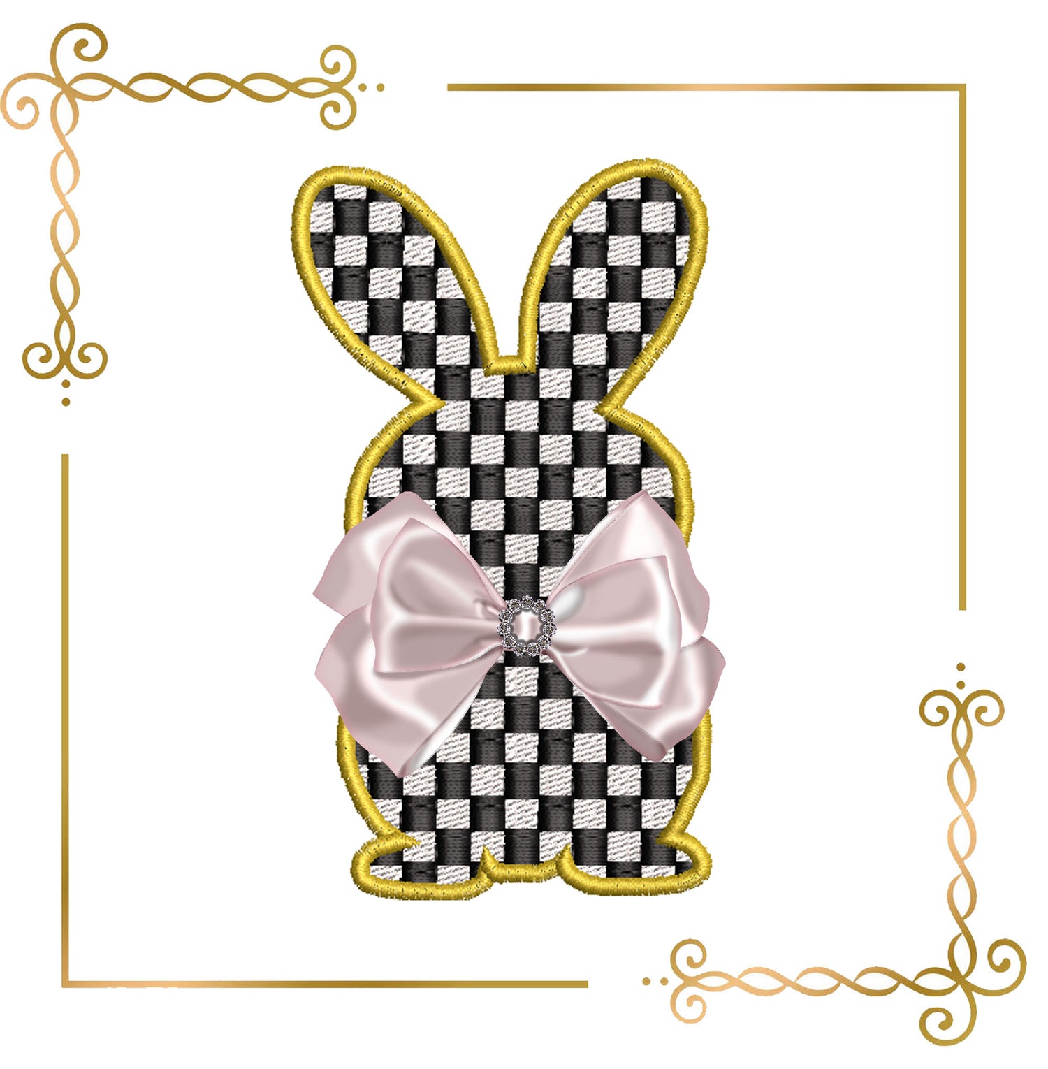 Easter Checkerboard Bunny Appliqué – Elegant Easter Embroidery Design (Bow Not Included)