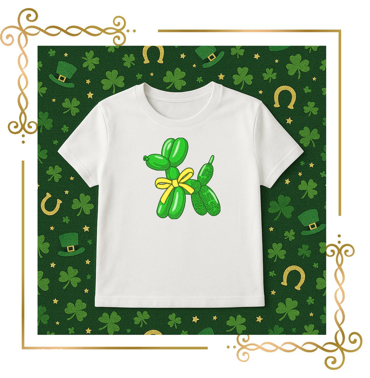 Green Balloon Dog with Yellow Bow, Lucky Charm–Embroidery Design – Lucky Charm Style, Perfect for St. Patrick’s Day