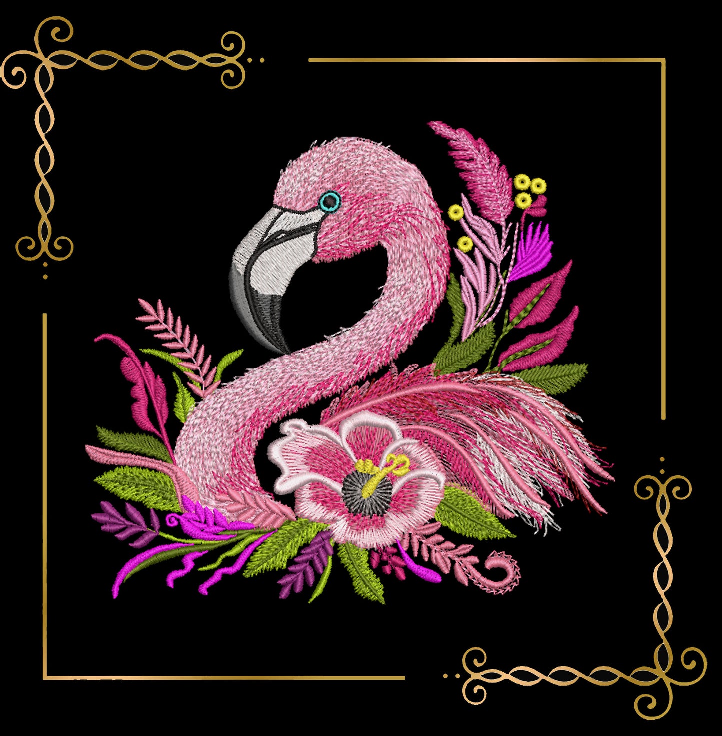 Animals Pink trendy flamingo with flowers machine embroidery design digital