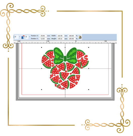 Minnie, Kopf, Maus, Sommer, Wassermelonen-Stickmuster zum direkten Download.