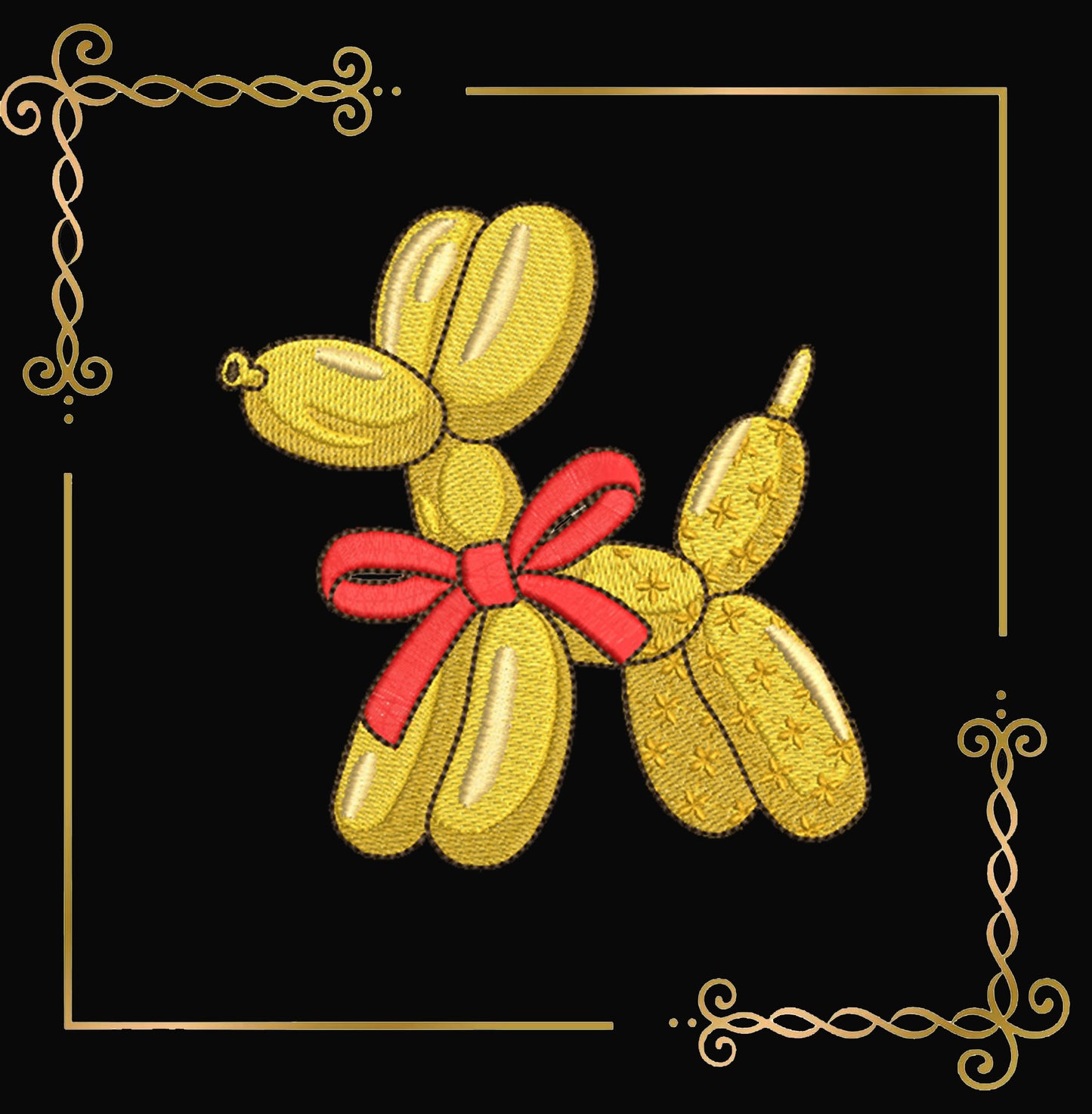 Golden Balloon Dog with Red Bow, Luxe Stitch Art - Embroidery Design