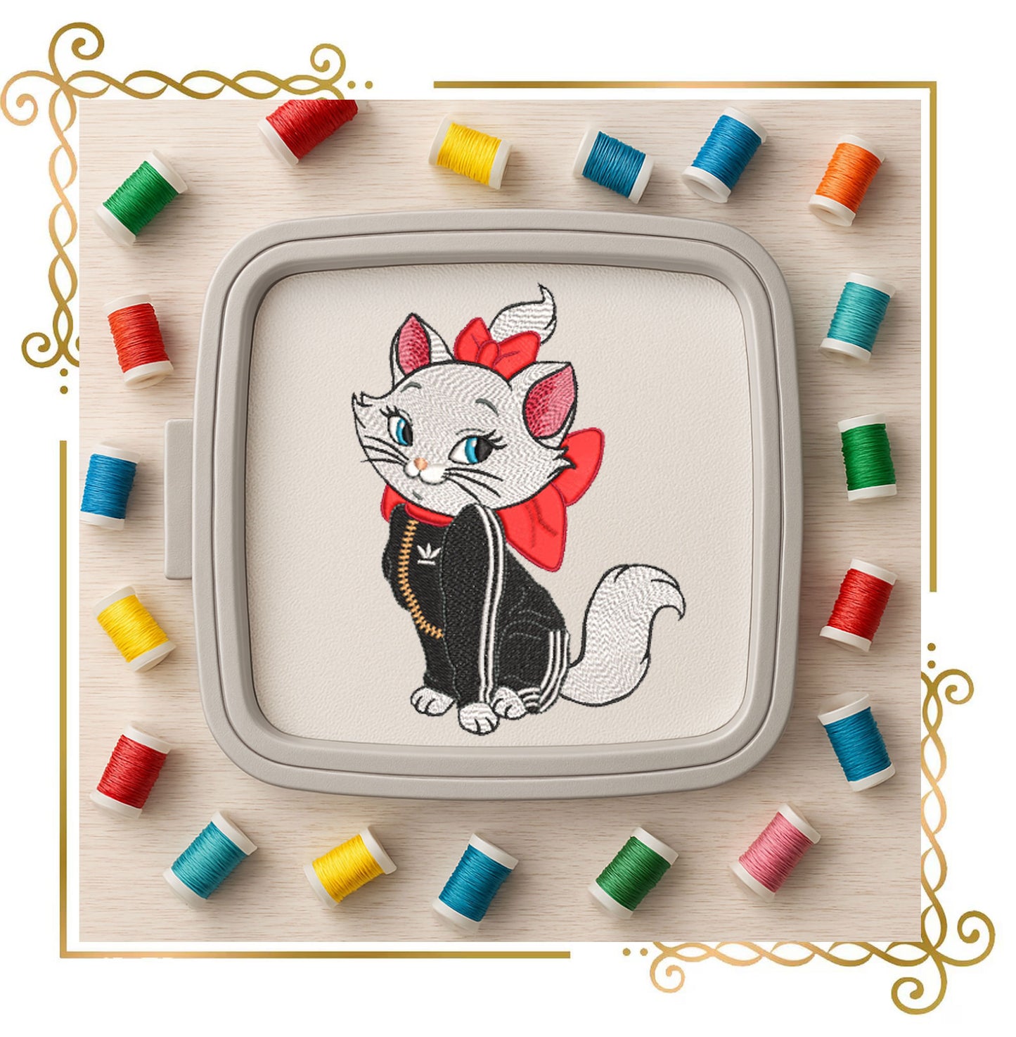 Marie the White Kitten - Super Fashion - cartoon character - Kitty in an Adidas tracksuit- embroidery design digital