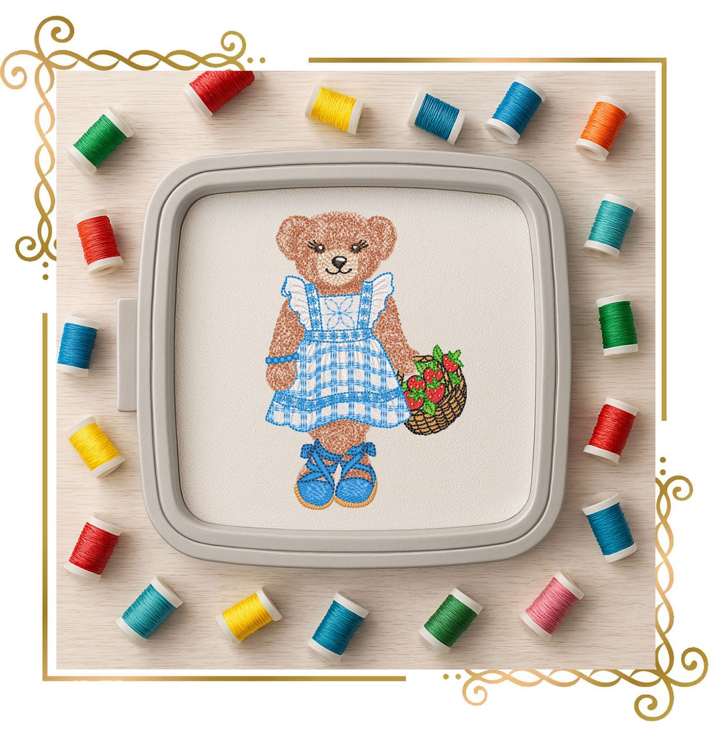 Teddy-Bear – in a fancy dress with Strawberry Basket –style-Fashion-Ralph-Lauren - Digital File for Machine Embroidery