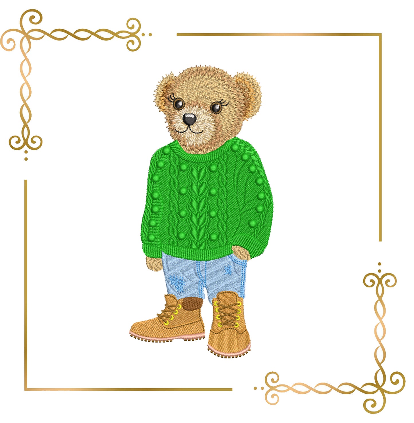 Teddy Bear Super in the style of Fashion Ralph Lauren in a knitted sweater and sneakers embroidery design digital