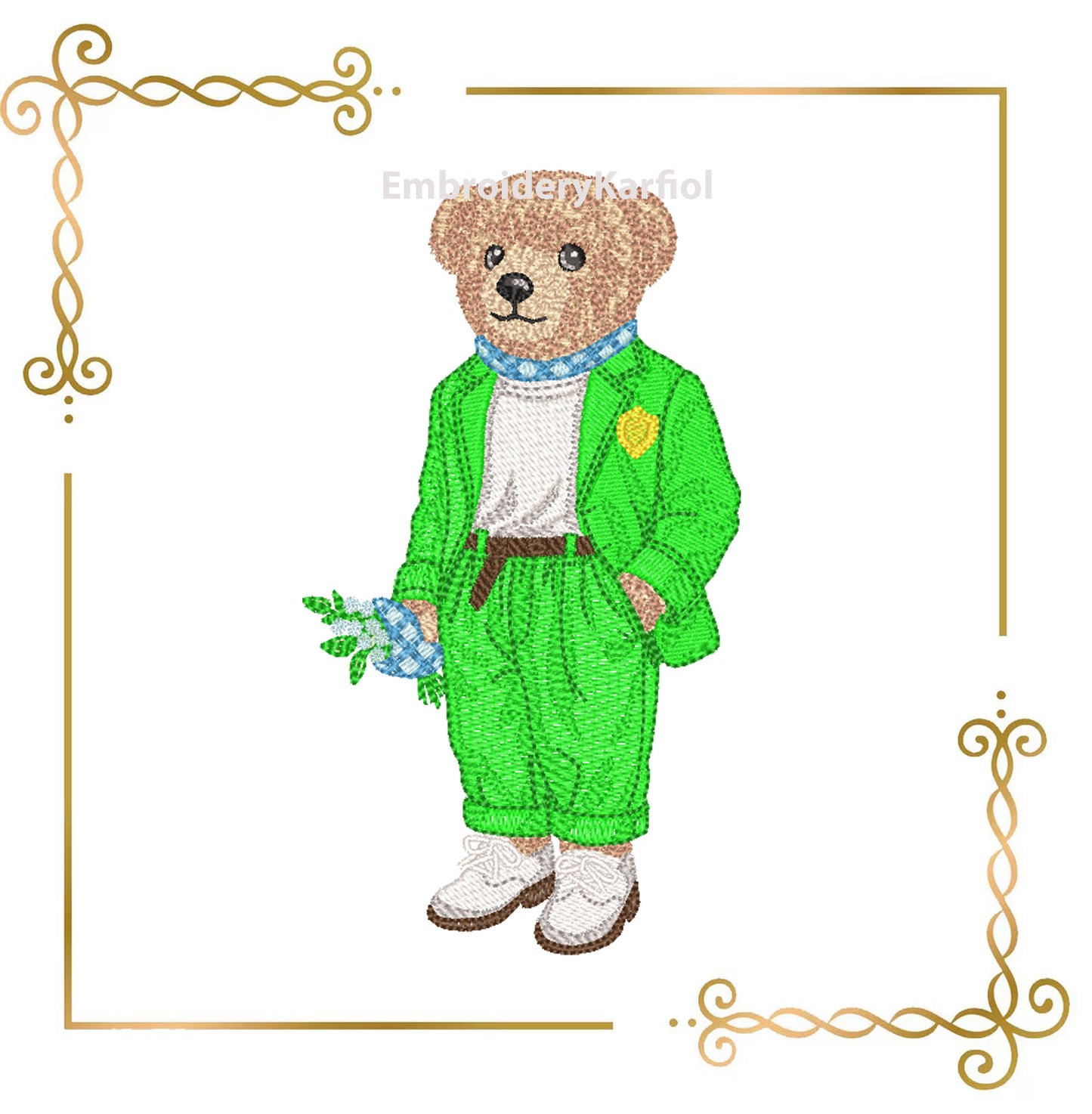 Teddy Bear Charming machine embroidery design in a suit holding a bunch of flowers 3 Sizes