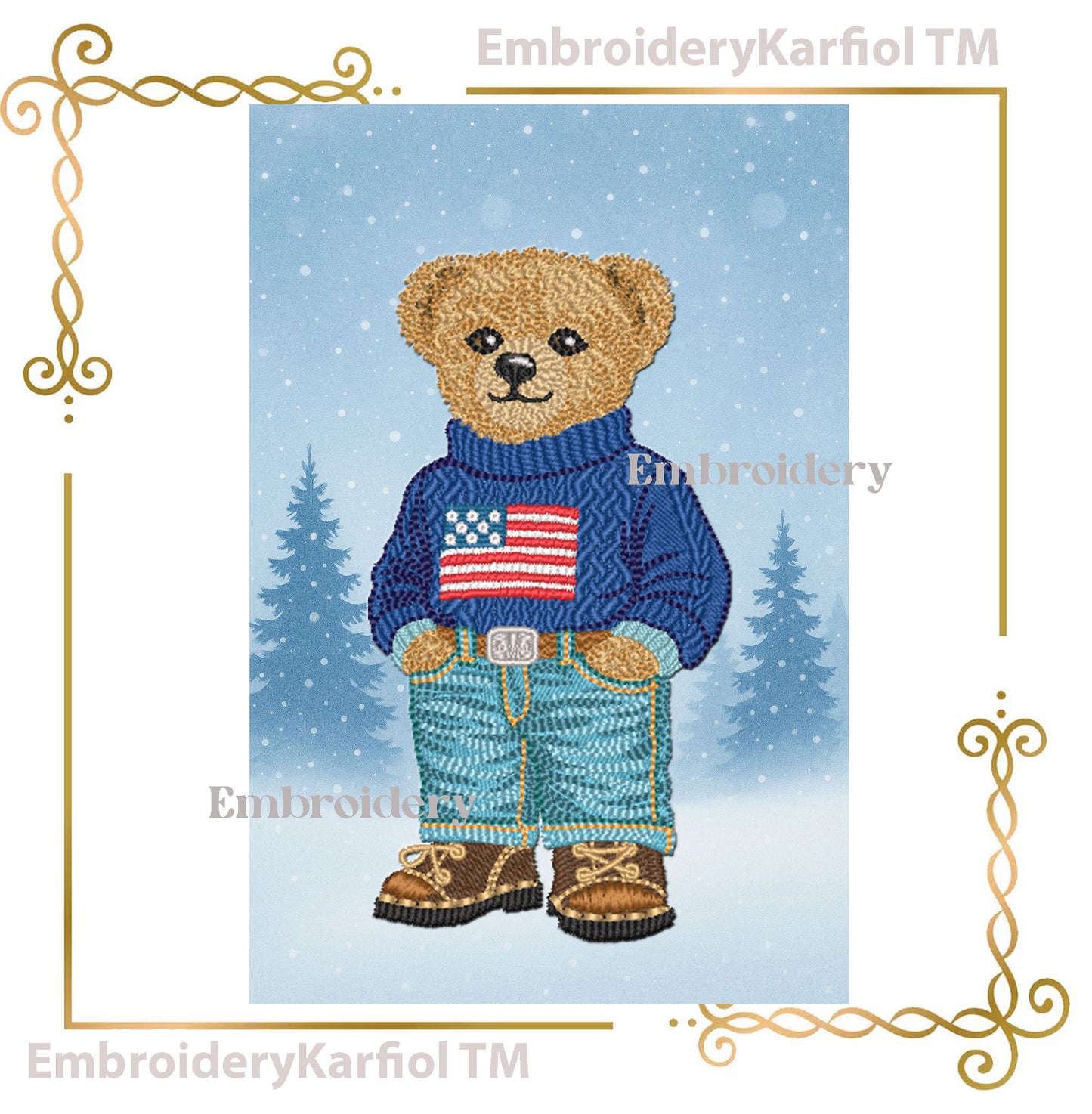 Teddy Bear Embroidery Design – American Flag Sweater, Preppy Style (Instant Download 2 Sizes)