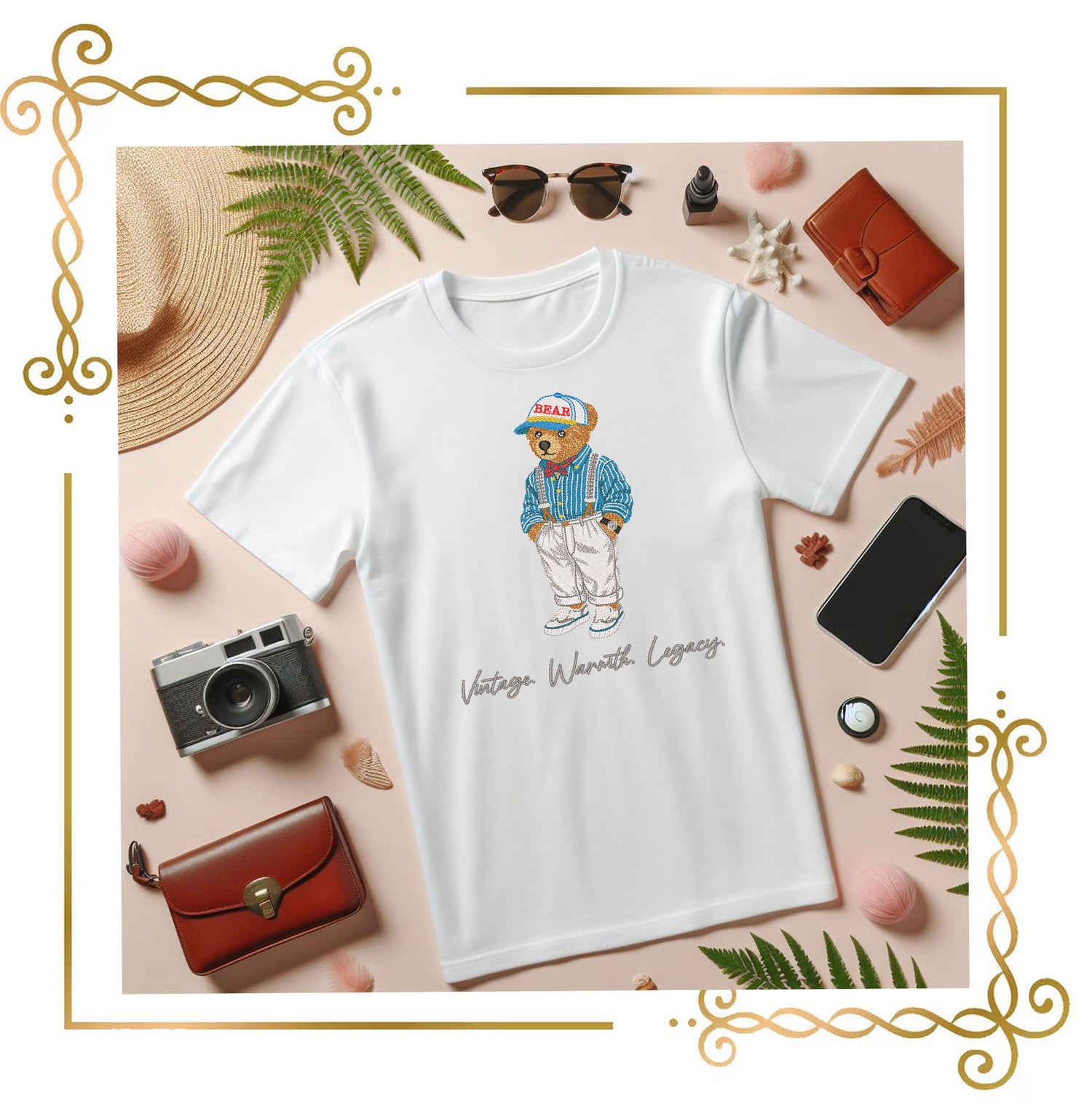 Teddy Bear Vintage Nautical Bear Embroidery Design Polo Style – Retro Teddy in Suspenders & Cap 3 Sizes