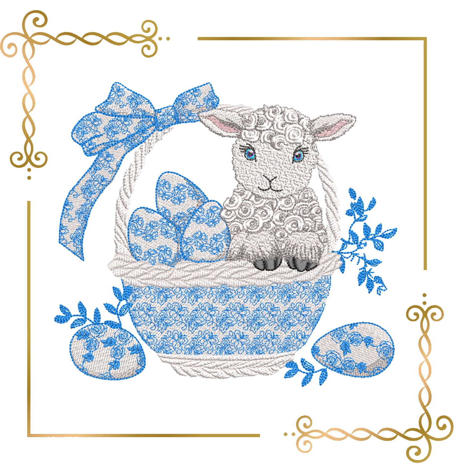 Charming Easter lamb sitting in a woven basket embroidery design to the direct download 2 Sizes