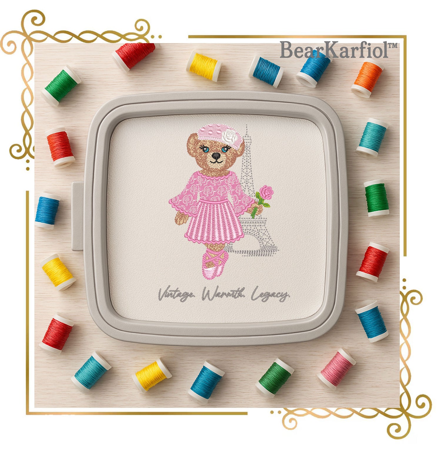 Embroidery Design – Paris Ballerina Bear with Rose | BearKarfiol™ Vintage Teddy | Eiffel Tower Machine Embroidery File