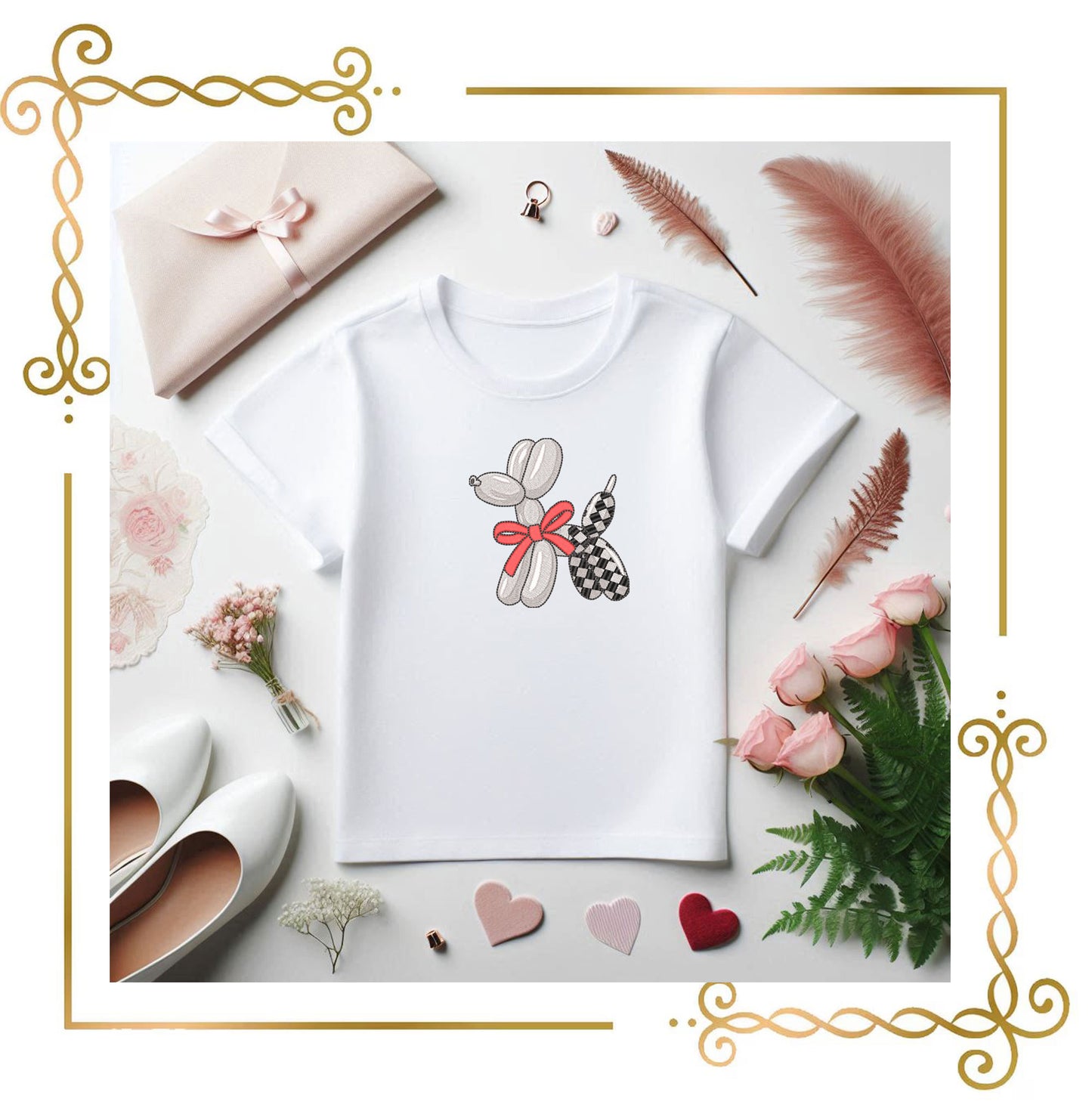 Balloon Dog with Checker Pattern and Bow Machine Embroidery Design