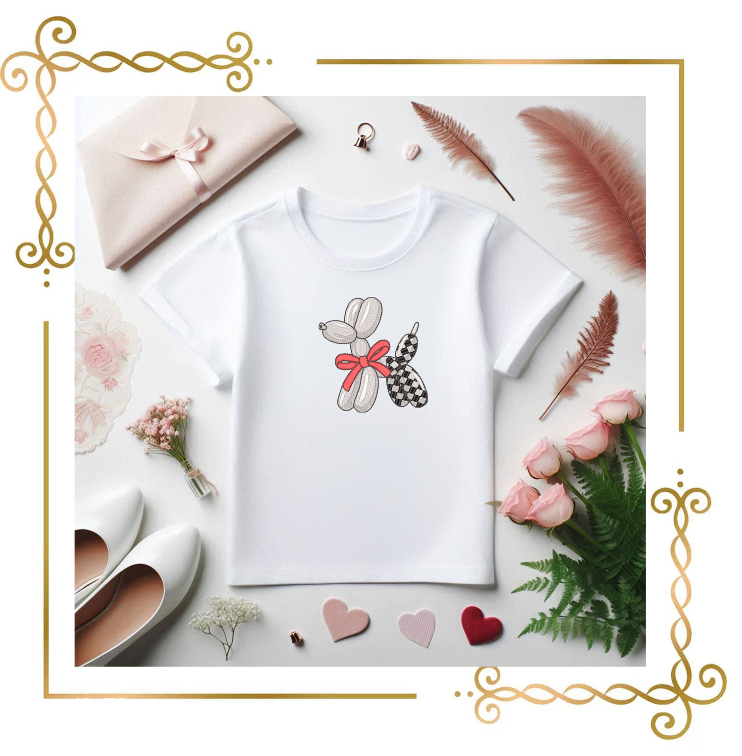 Balloon Dog with Checker Pattern and  Bow Machine Embroidery Design