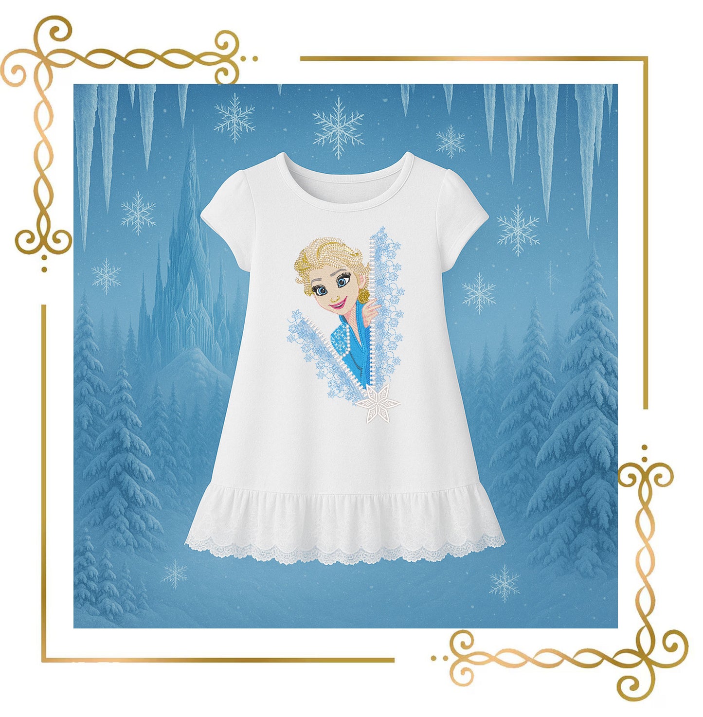 Embroidery Design Ice Queen Elsa Zipper Peek  –  Winter,  Snow Princess and Snowflakes  Frozen