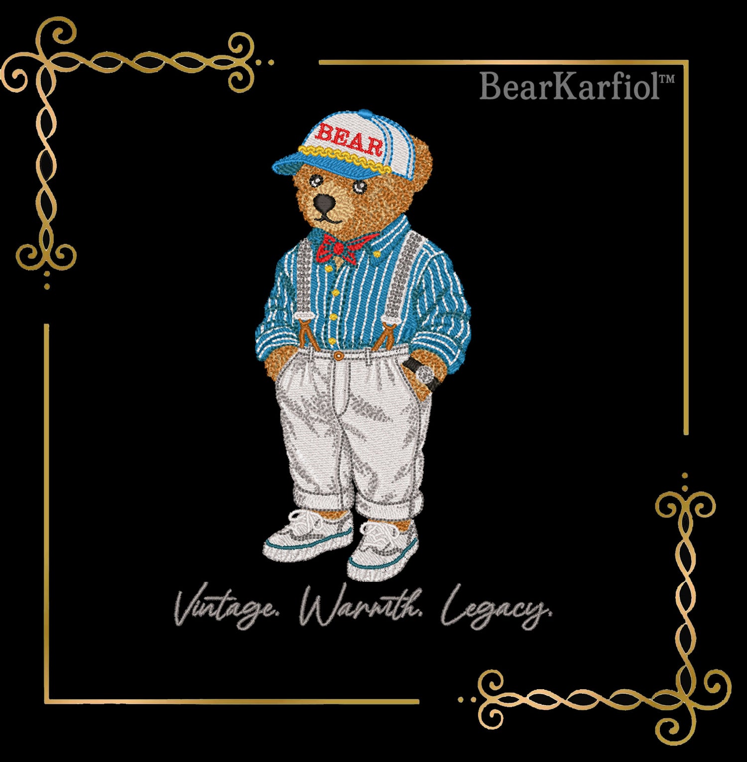 Teddy Bear Vintage Nautical Bear Embroidery Design Polo Style – Retro Teddy in Suspenders & Cap 3 Sizes