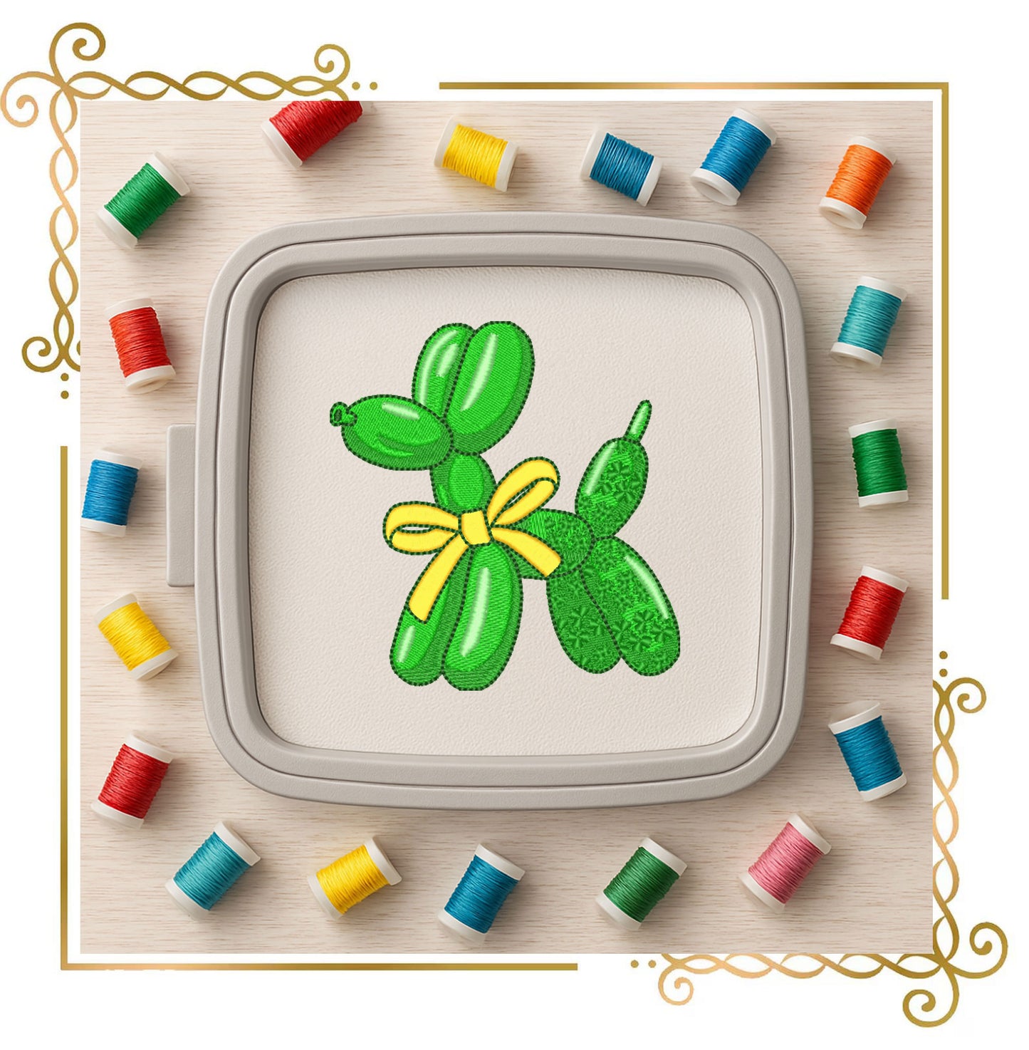 Green Balloon Dog with Yellow Bow, Lucky Charm–Embroidery Design – Lucky Charm Style, Perfect for St. Patrick’s Day